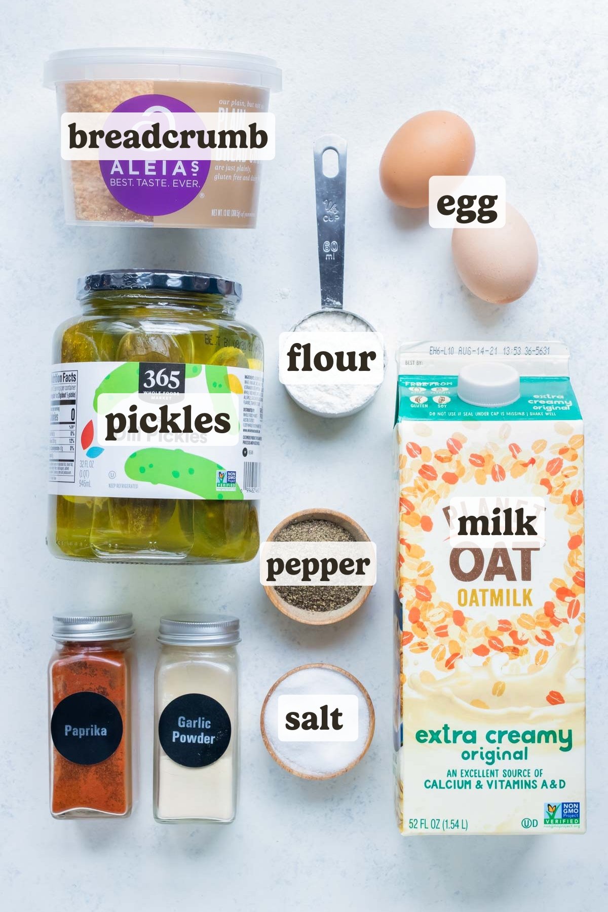 Pickles, bread crumbs, eggs, flour, seasonings, and milk are the ingredients for this air fryer pickle recipe.