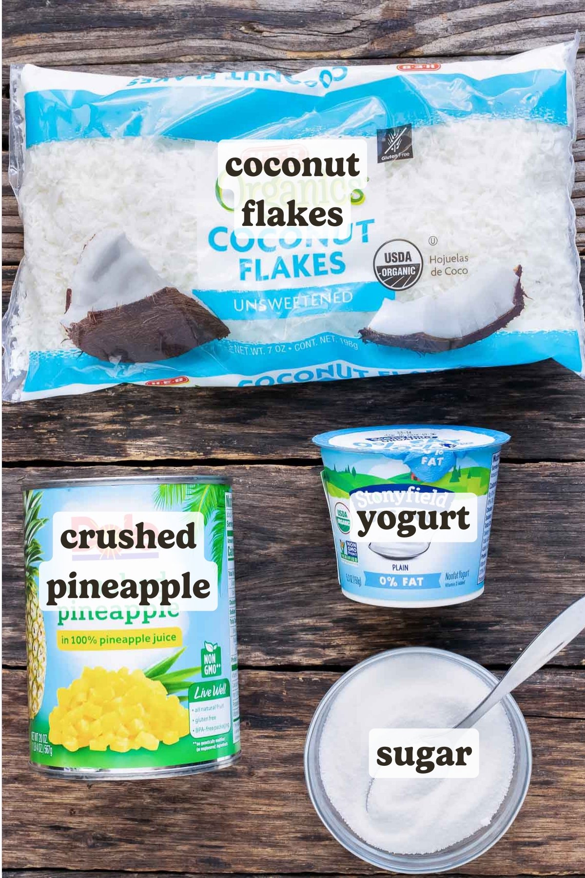Shredded coconut, crushed pineapple, yogurt, and sugar as the ingredients for this dipping sauce recipe.