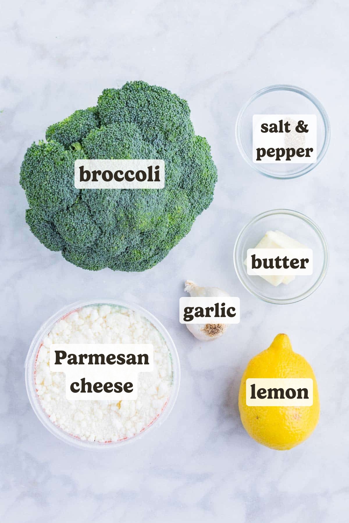Broccoli, lemon, salt, pepper, garlic, butter, and Parmesan cheese are the ingredients for this smashed broccoli dish.