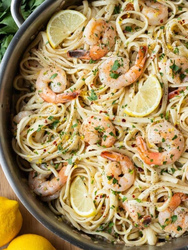 Shrimp scampi linguine with a lemon garlic butter sauce is served in a skillet in under 30 minutes.