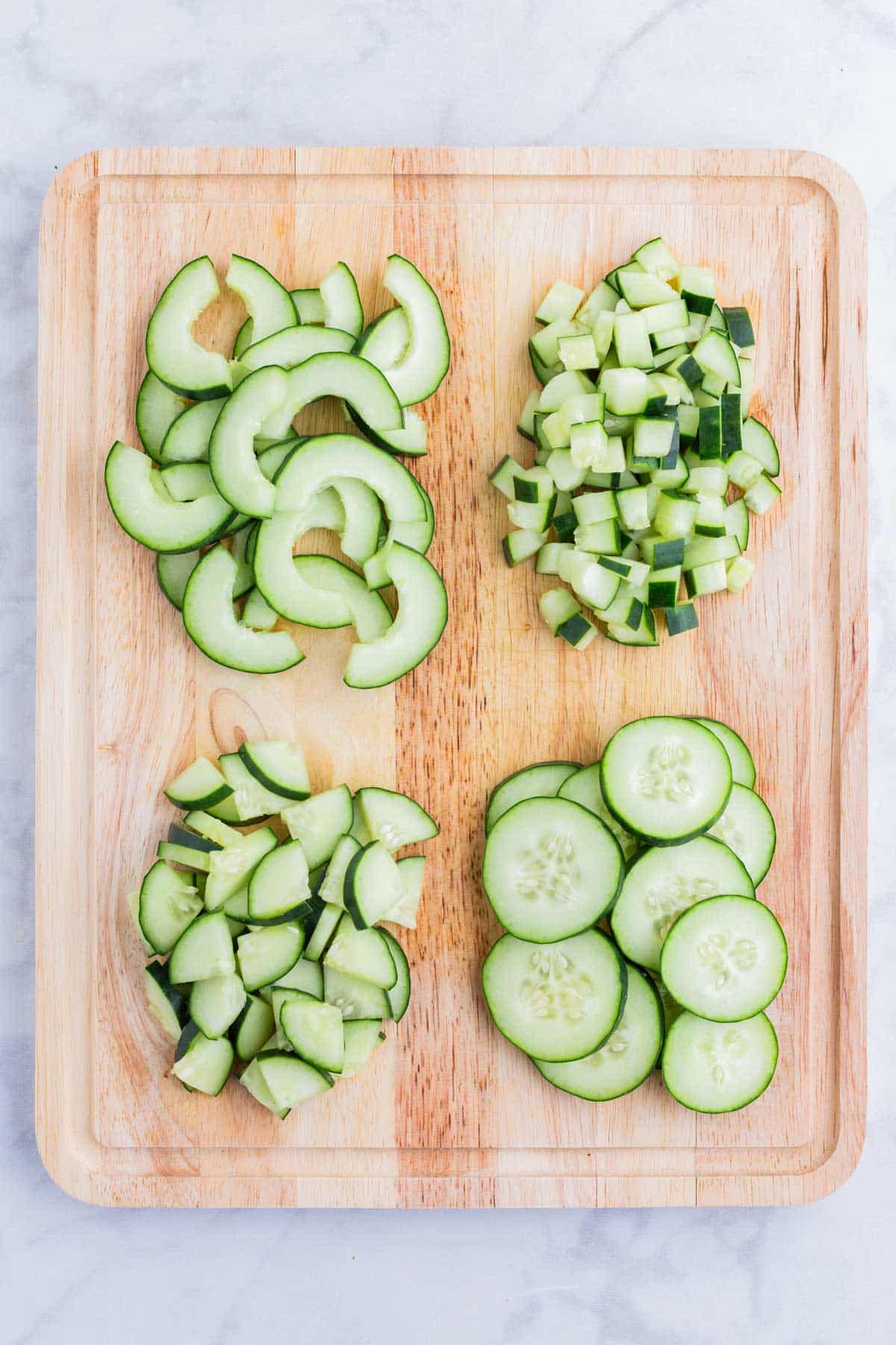 You can easily cut a cucumber into four different shapes.