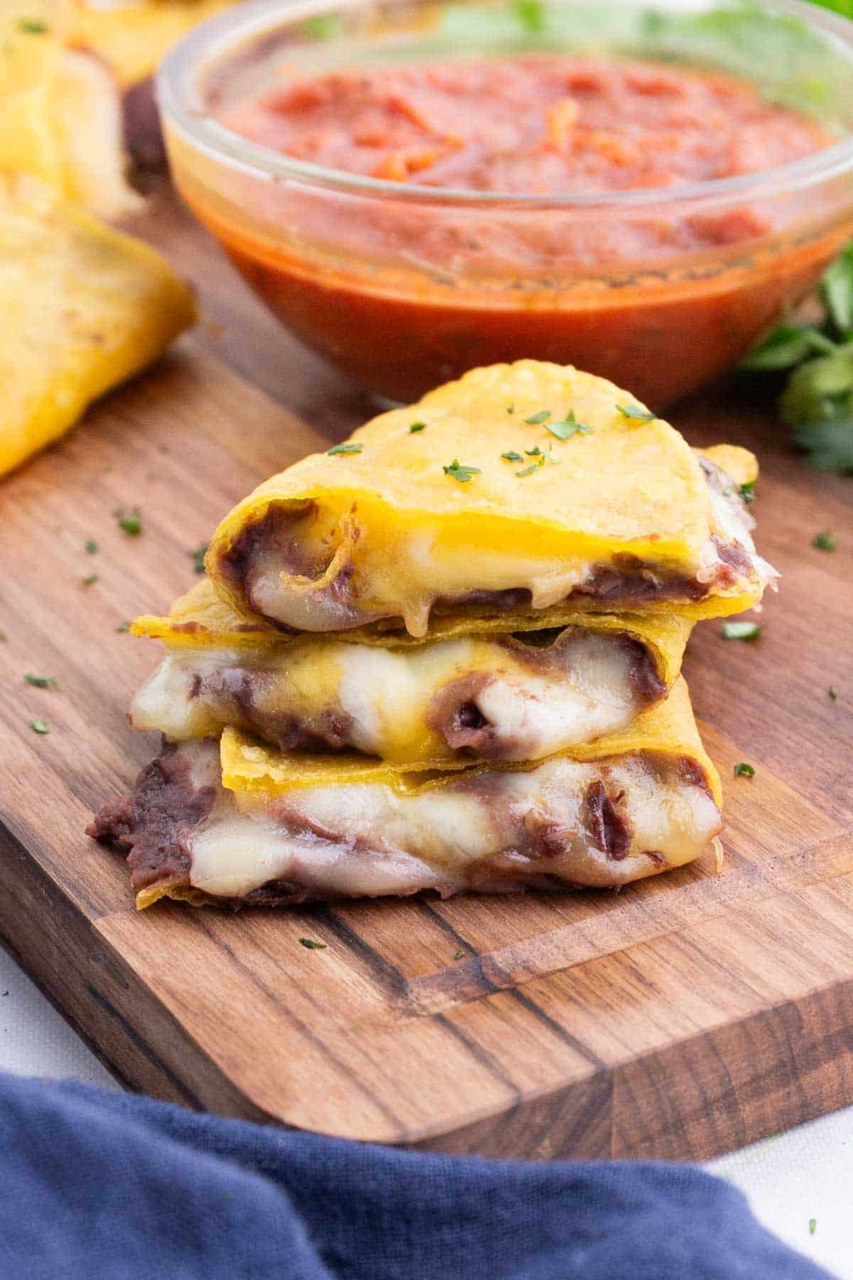 7-Minute Corn Tortilla Quesadillas served on a wood platter.