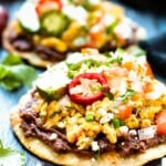 A close up picture of Tostadas with Eggs and Beans for a super quick breakfast.
