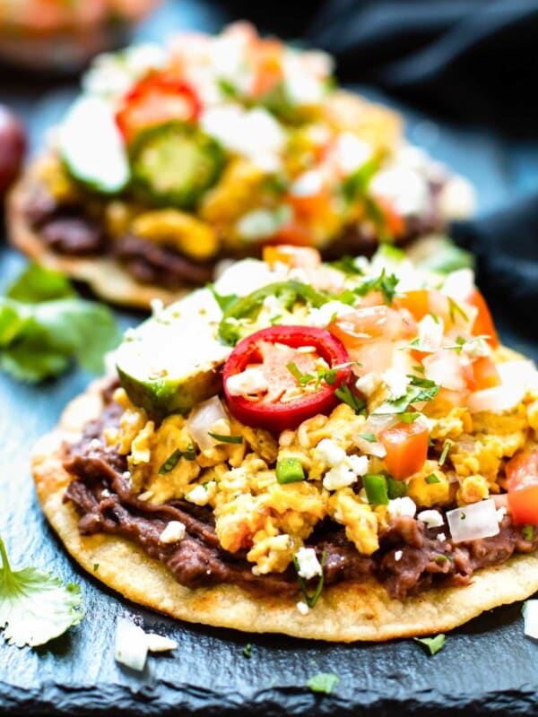 A close up picture of Tostadas with Eggs and Beans for a super quick breakfast.