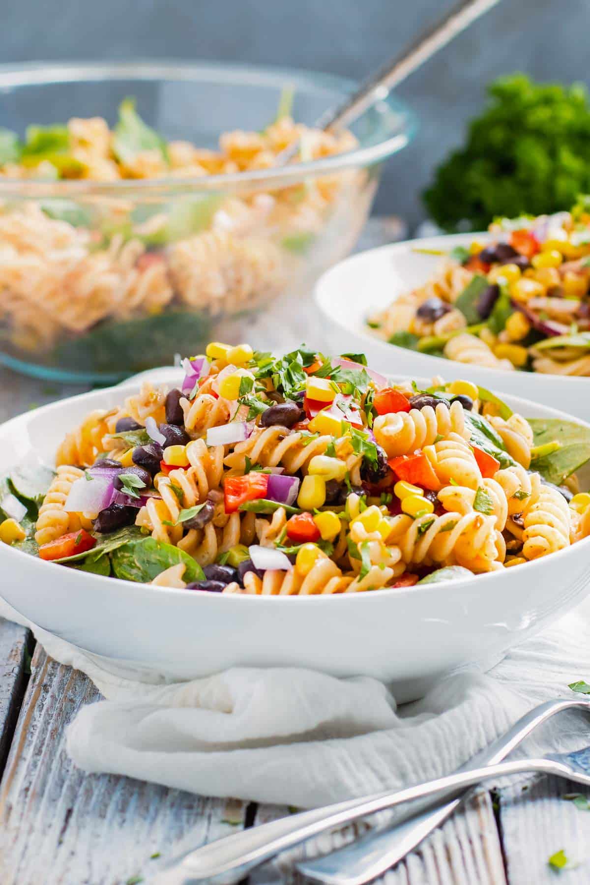 Salsa and Ranch Pasta Salad in a bowl on a picnic table.