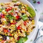 Healthy gluten-free pasta salad in a white bowl for lunch.