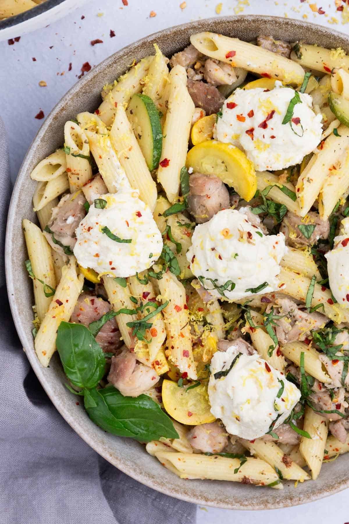 Lemon Ricotta Pasta with Chicken RECIPE served in a bowl.