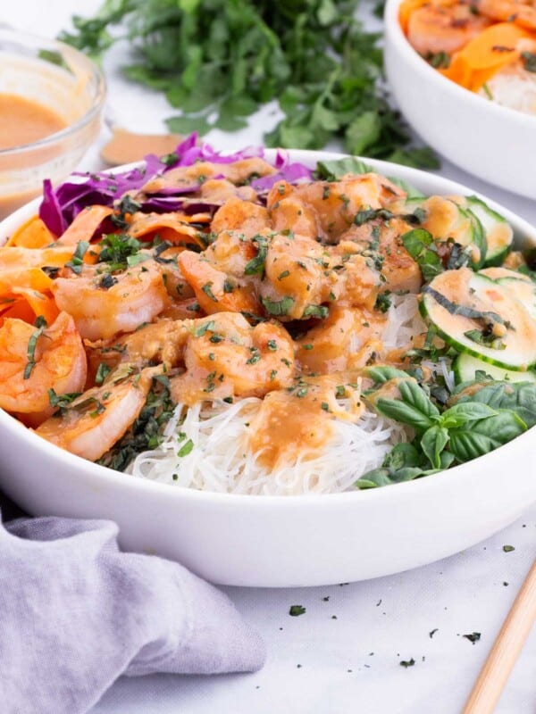 Spring Roll in a Bowl is full of shrimp, fresh veggies, rice noodles, and homemade sauces.