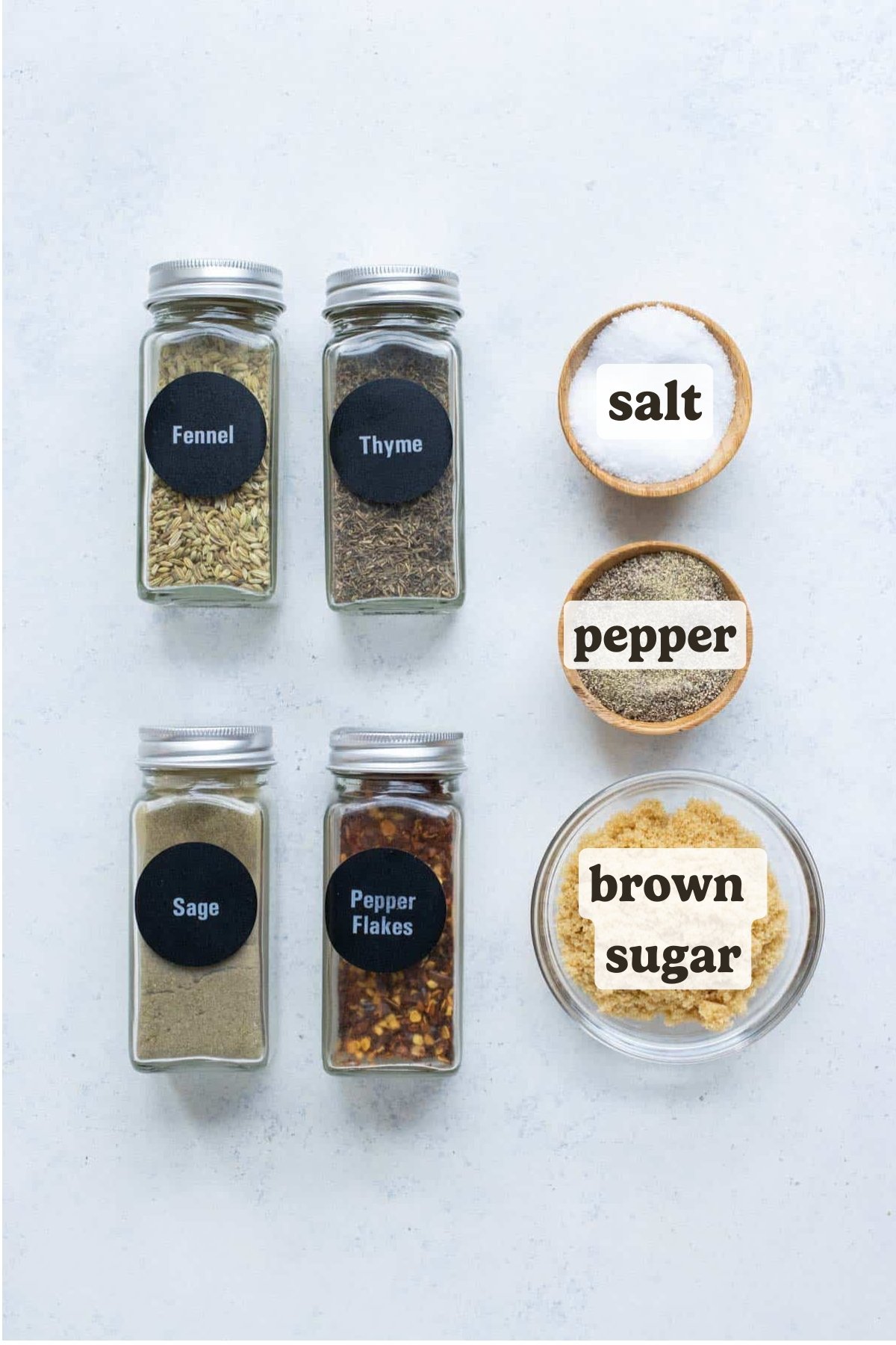 Fennel, sage, thyme, brown sugar, salt, and pepper are the ingredients for this blend.