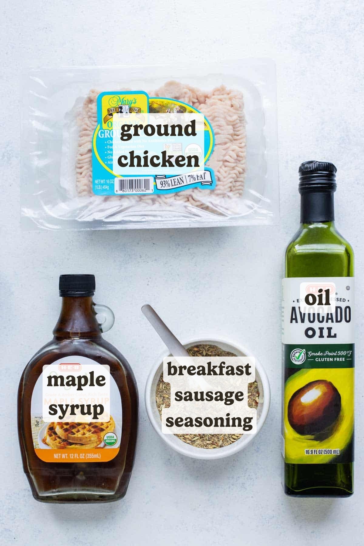 Ground chicken, sausage seasoning, maple syrup, and oil are the ingredients for chicken breakfast sausage.