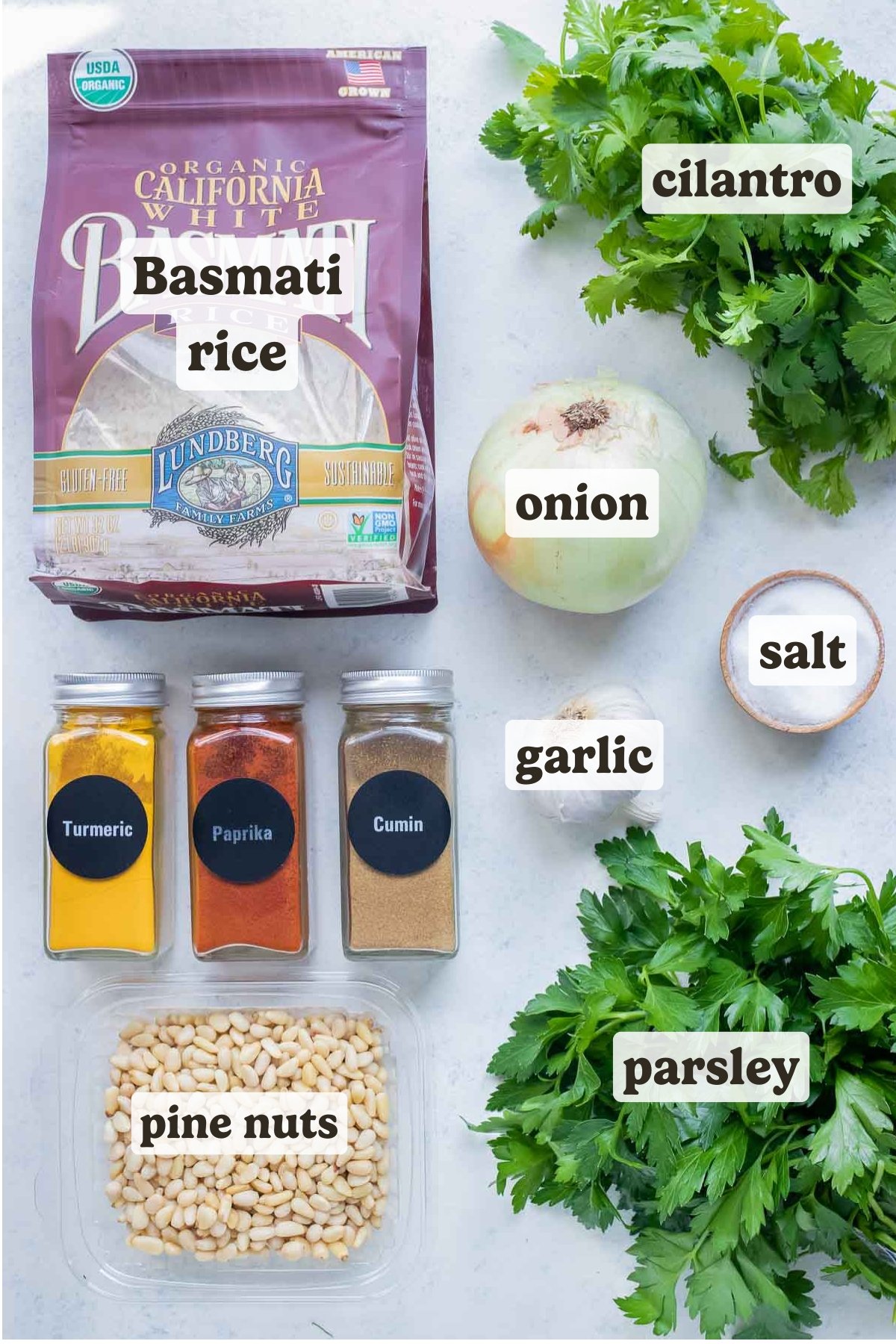 Rice, seasonings, herbs, onions, and pine nuts are the ingredients for this Mediterranean rice dish.