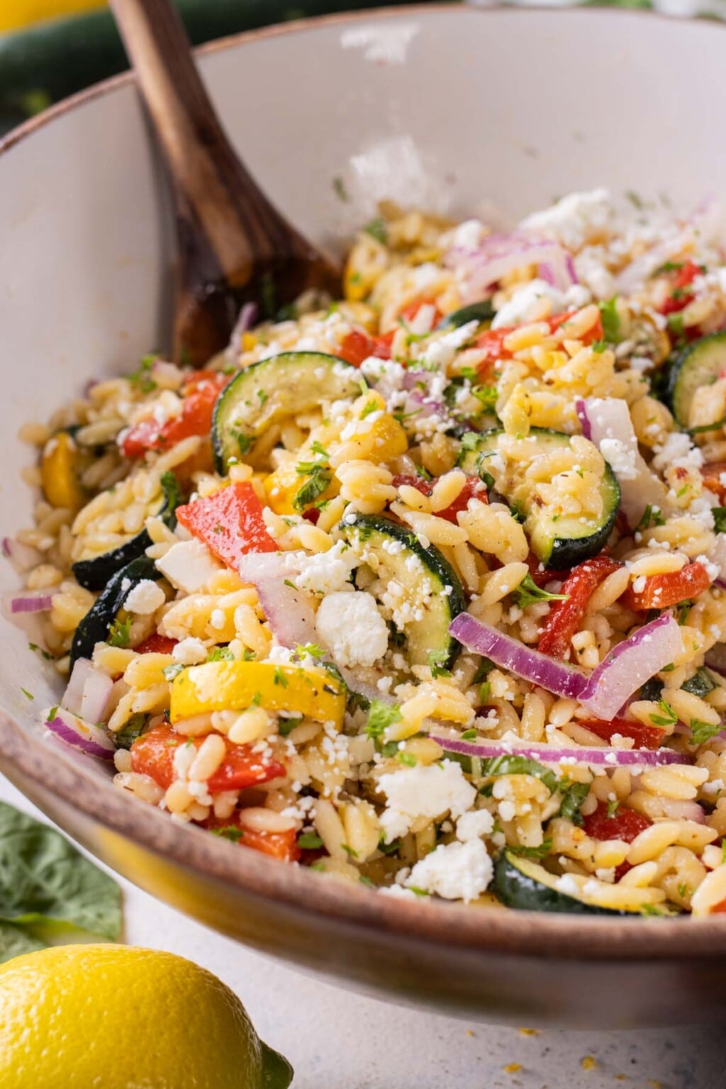 Lemon Orzo Pasta Salad with Feta - Evolving Table