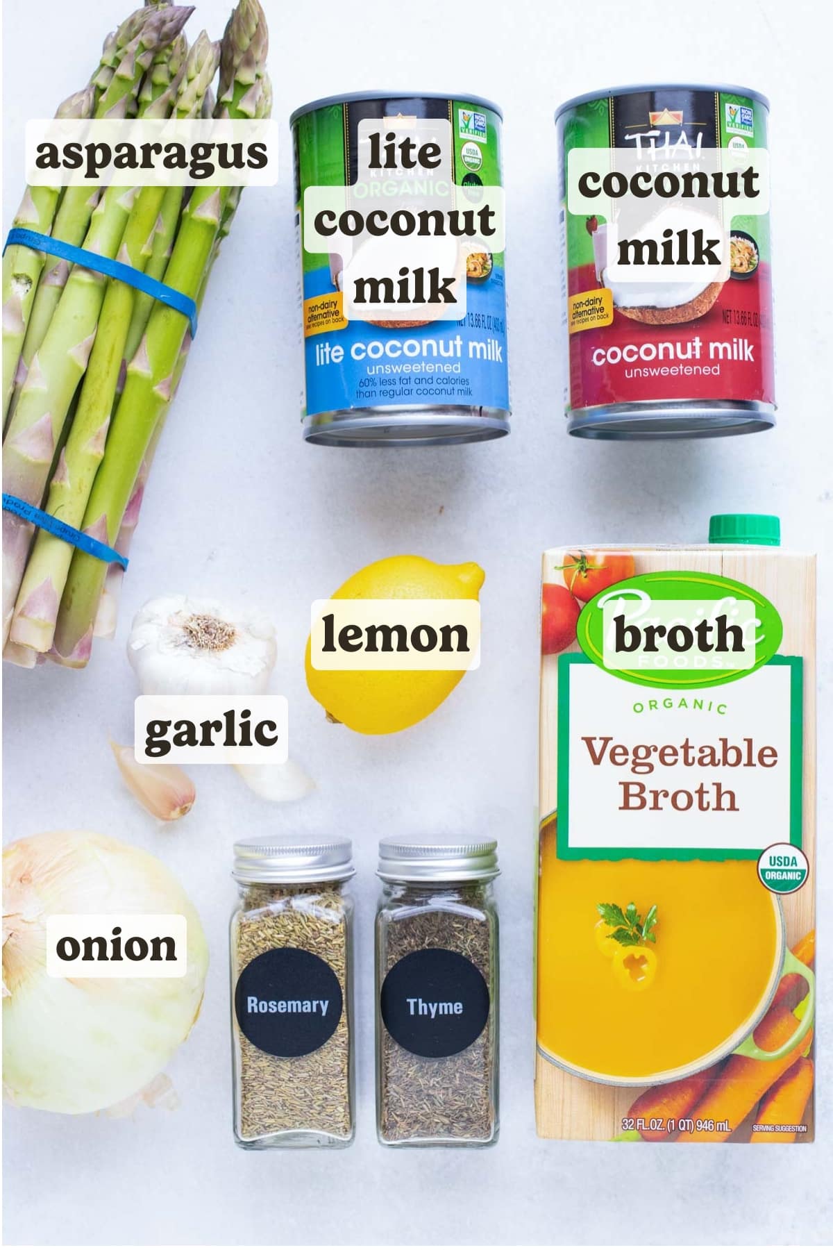 Asparagus, coconut milk, broth, garlic, and lemon are the main ingredients for this asparagus soup recipe.