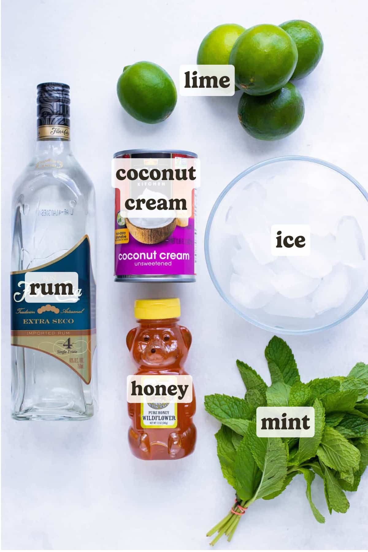 Rum, mint, limes, ice, and honey as the ingredients needed in a frozen mojito recipe.