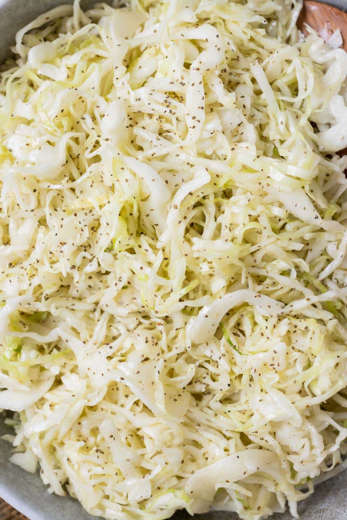 Shredded cabbage is flavored with a apple cider vinegar dressing.