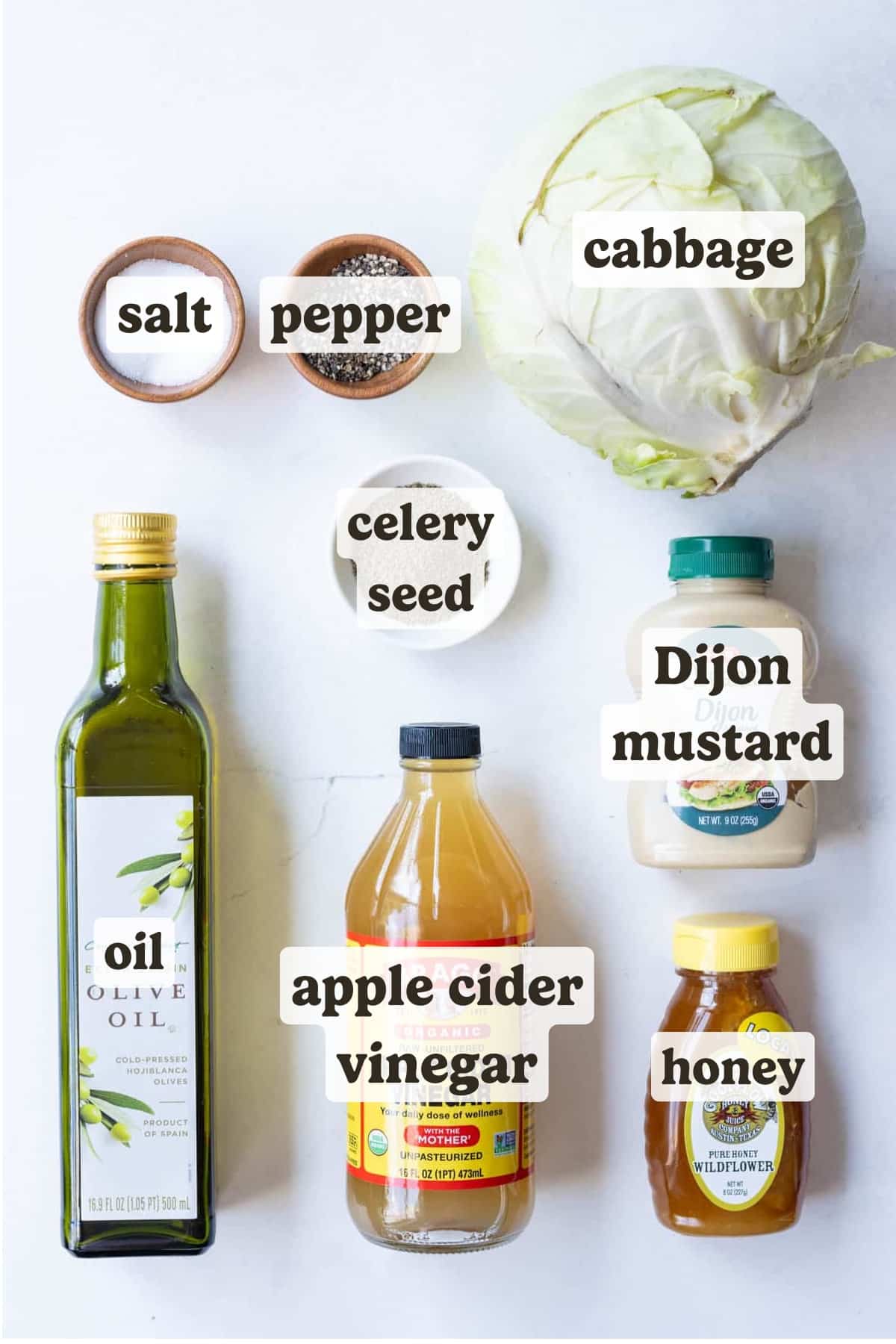 Cabbage, mustard, oil, apple cider vinegar, and seasonings are the main ingredients for this dish.