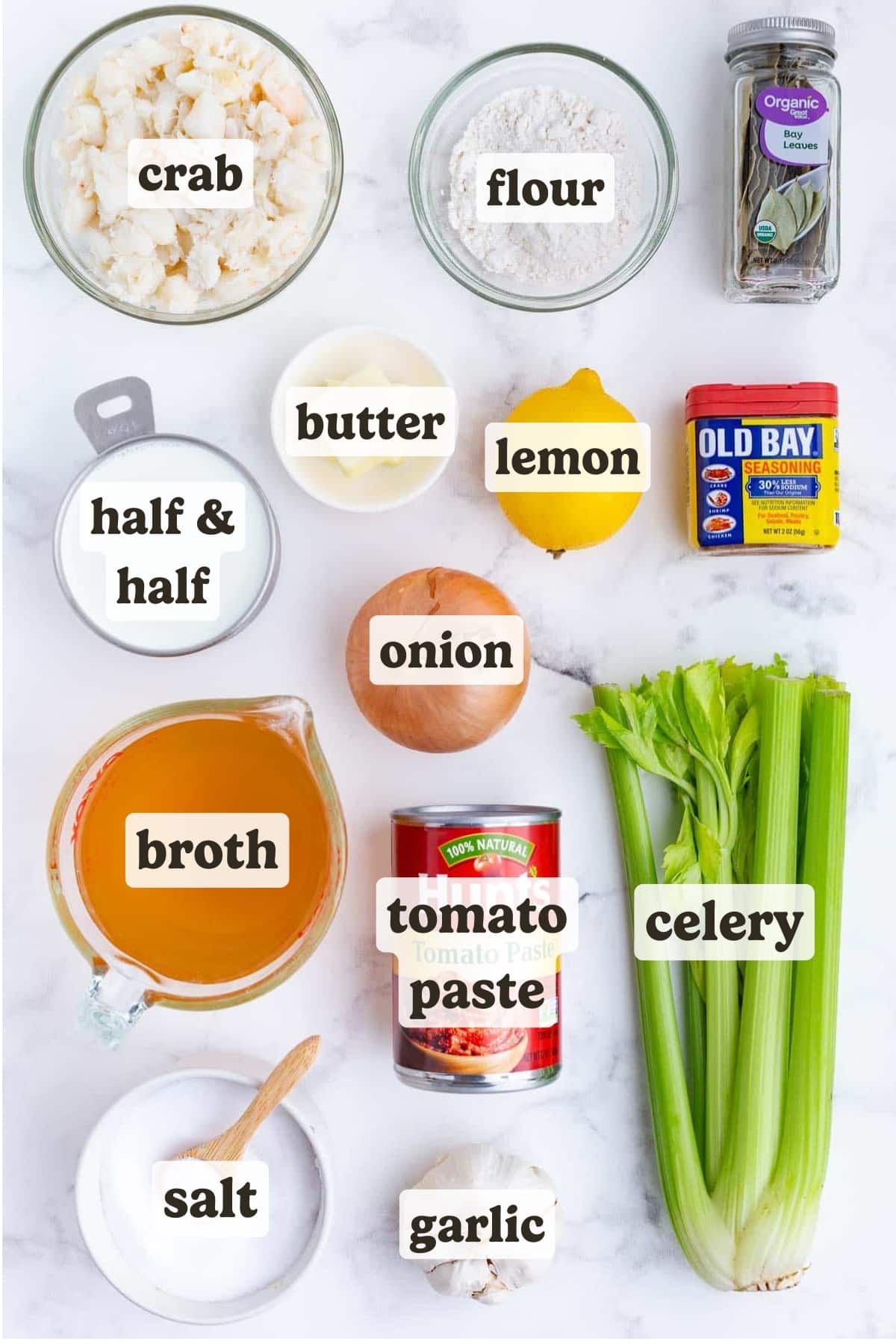 Crab, onion, celery, seasonings, flour, tomato paste, and stock are the ingredients for this dish.