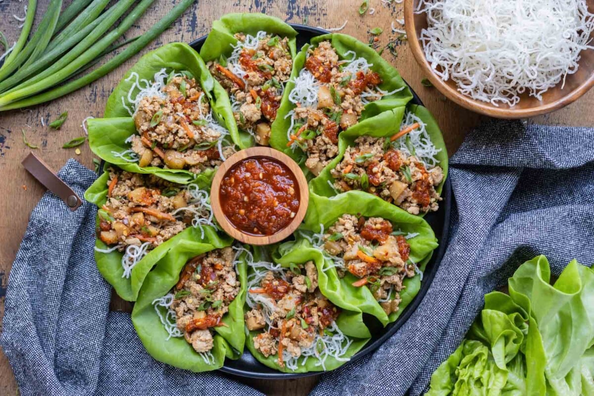 Crispy rice noodles are served in a copycat PF Chang's Lettuce Wraps recipe.