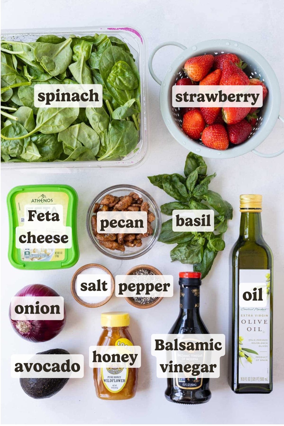 Spinach, strawberries, Feta, oil, pecans, avocado, and onion are the main ingredients for this strawberry spinach salad.