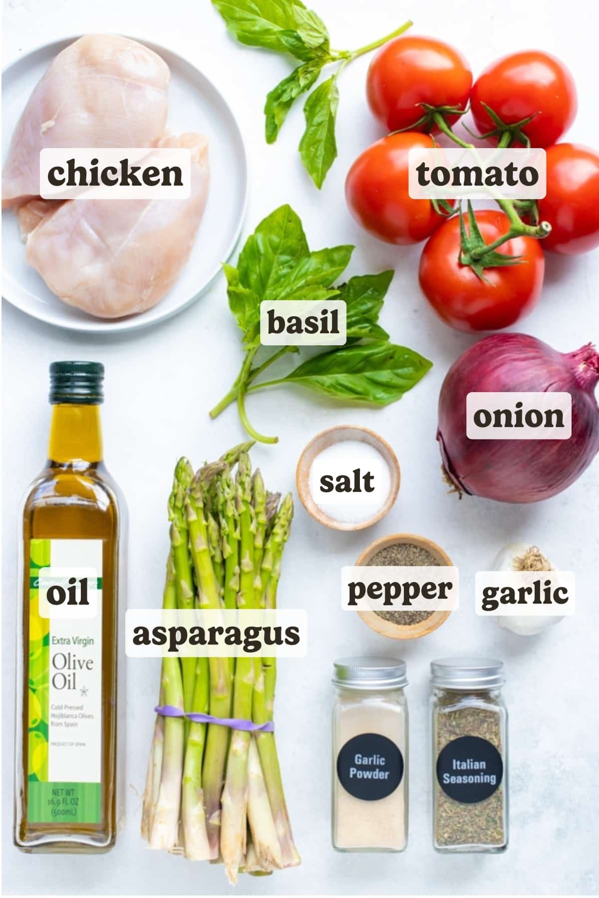Chicken breasts, vine-ripened tomatoes, basil, asparagus, olive oil, and Italian seasoning as ingredients for this bruschetta chicken recipe.