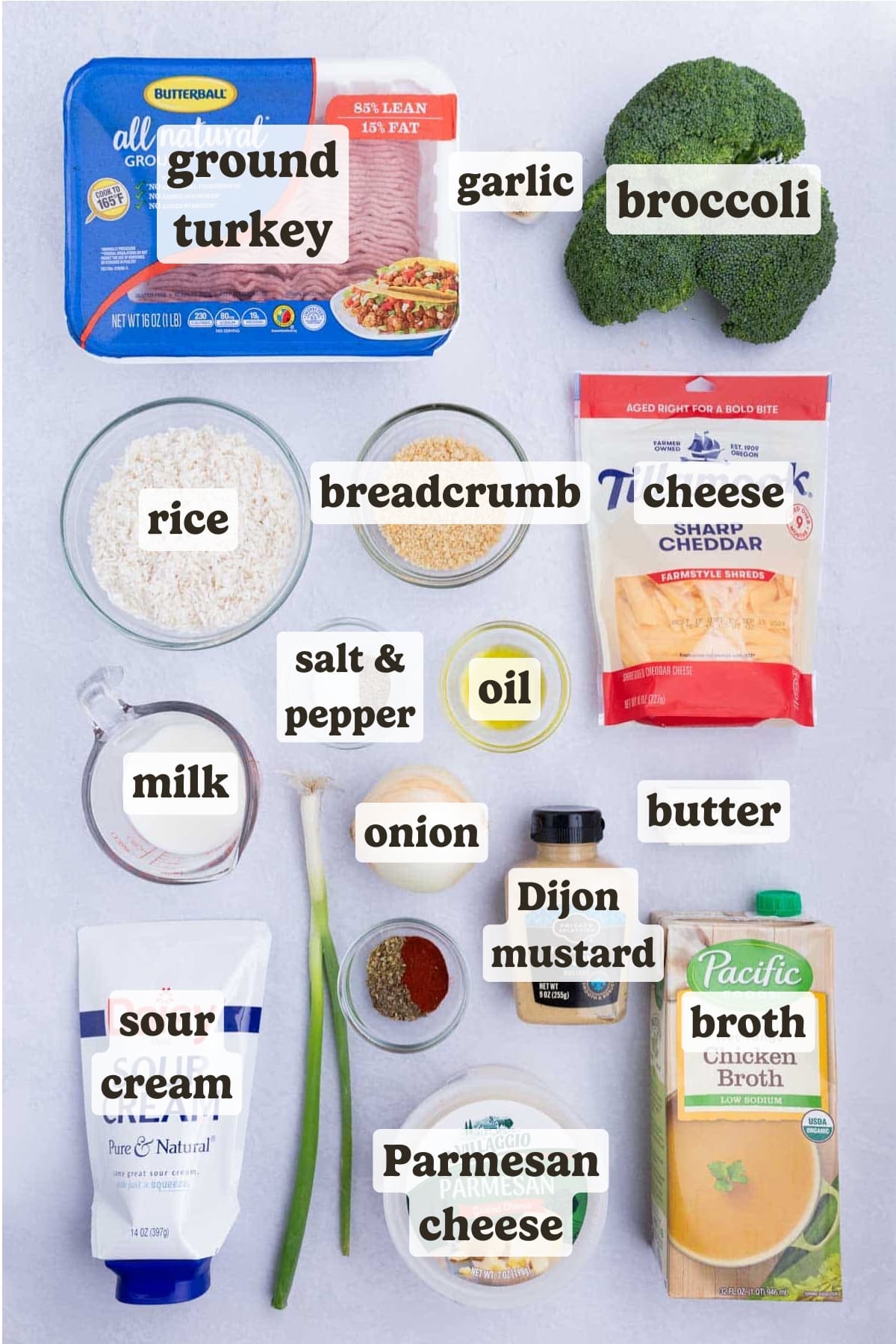 Ground turkey, rice, broccoli, cheese, broth, sour cream, and seasonings are the main ingredients for this dish.