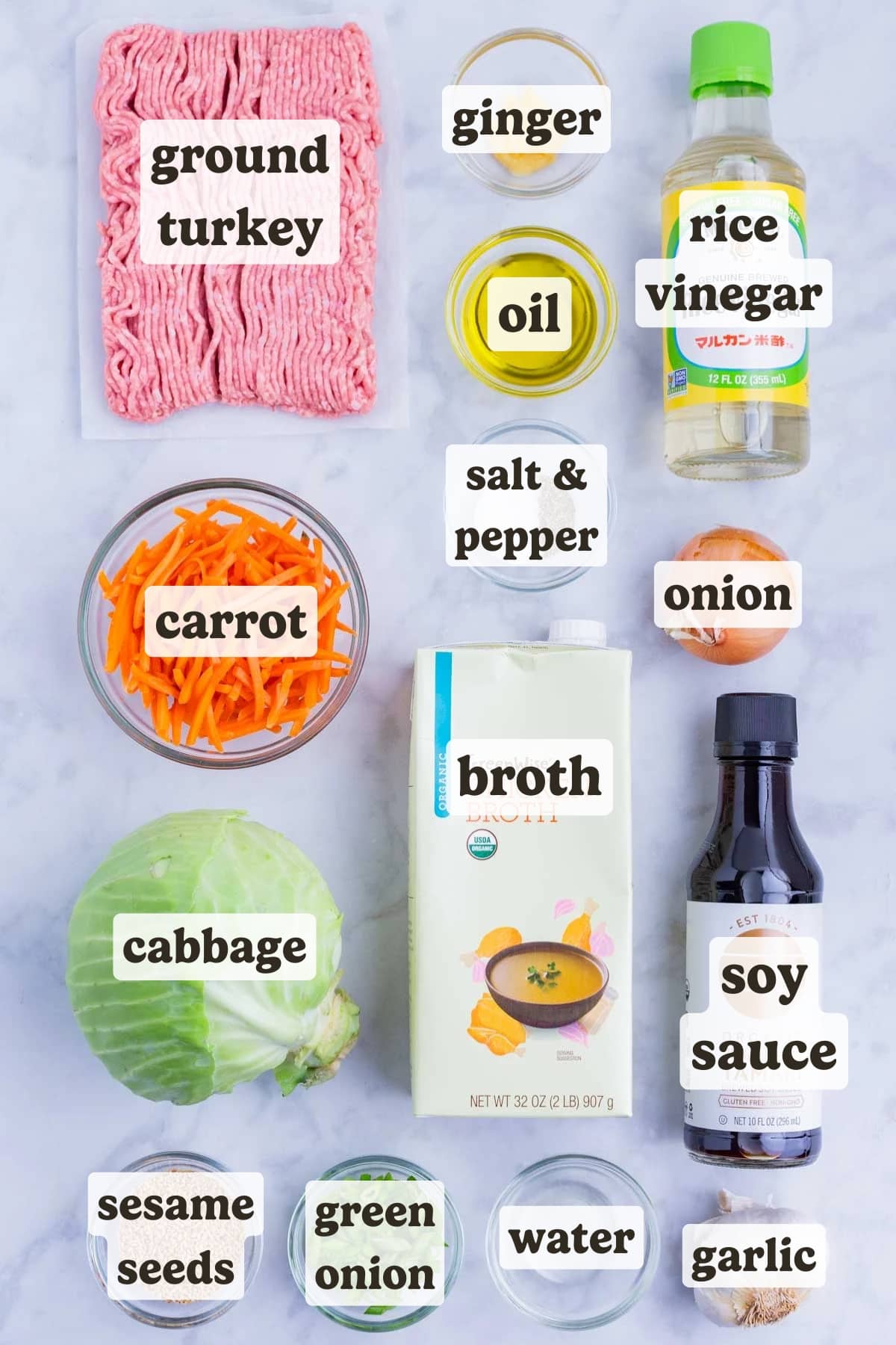 Cabbage, ground turkey, carrots, garlic, and ginger as the ingredients for an egg roll in a bowl recipe.