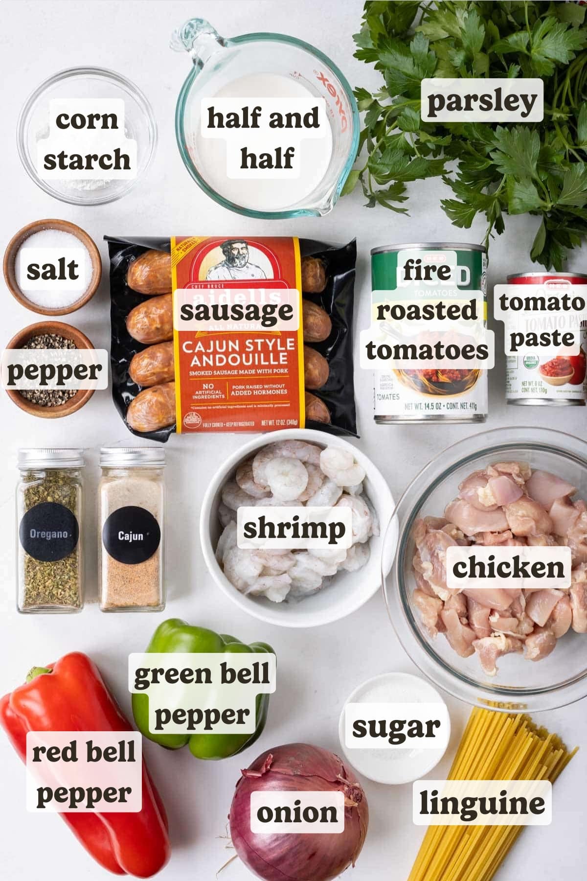 Chicken, shrimp, sausage, linguine, bell pepper, onion, and seasonings are the main ingredients for this Cajun pasta dish.