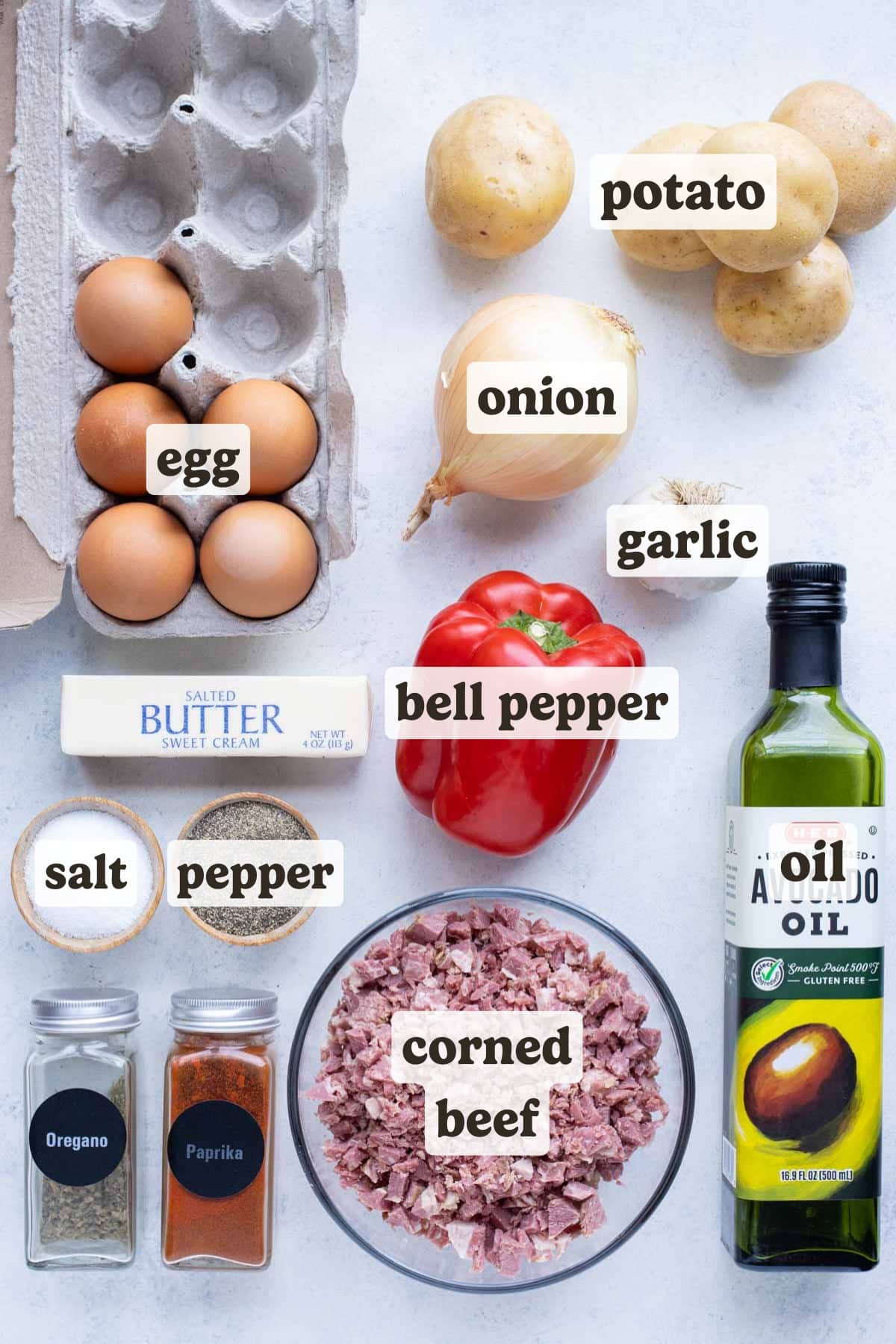 Corned beef, eggs, butter, oil, garlic, bell peppers, onion, potatoes, and seasonings are the ingredients in this corned beef hash recipe.