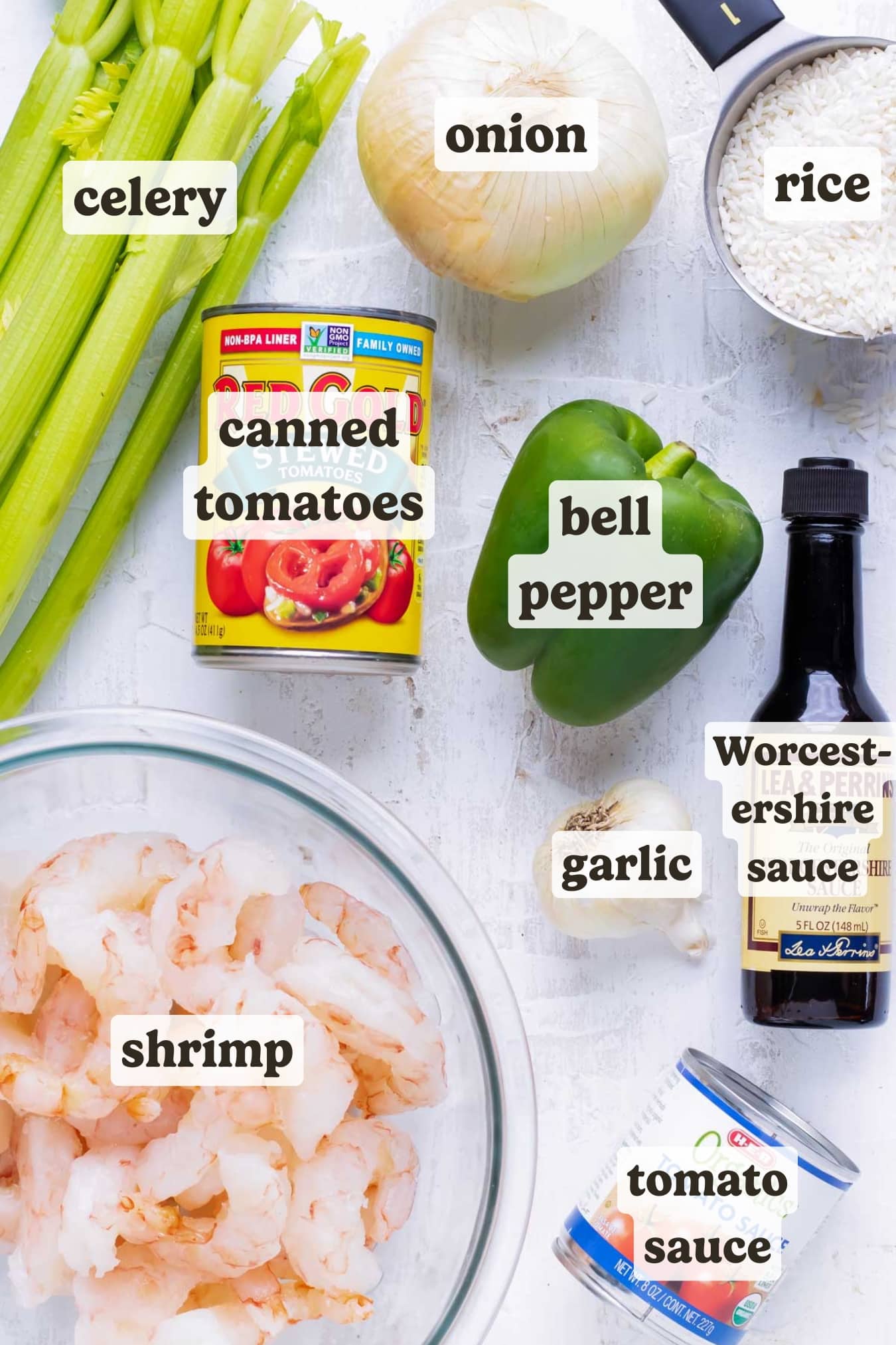 Shrimp, canned stewed tomatoes, Worcestershire sauce, onion, green bell pepper, garlic, and tomato sauce as the ingredients in an easy shrimp creole recipe.