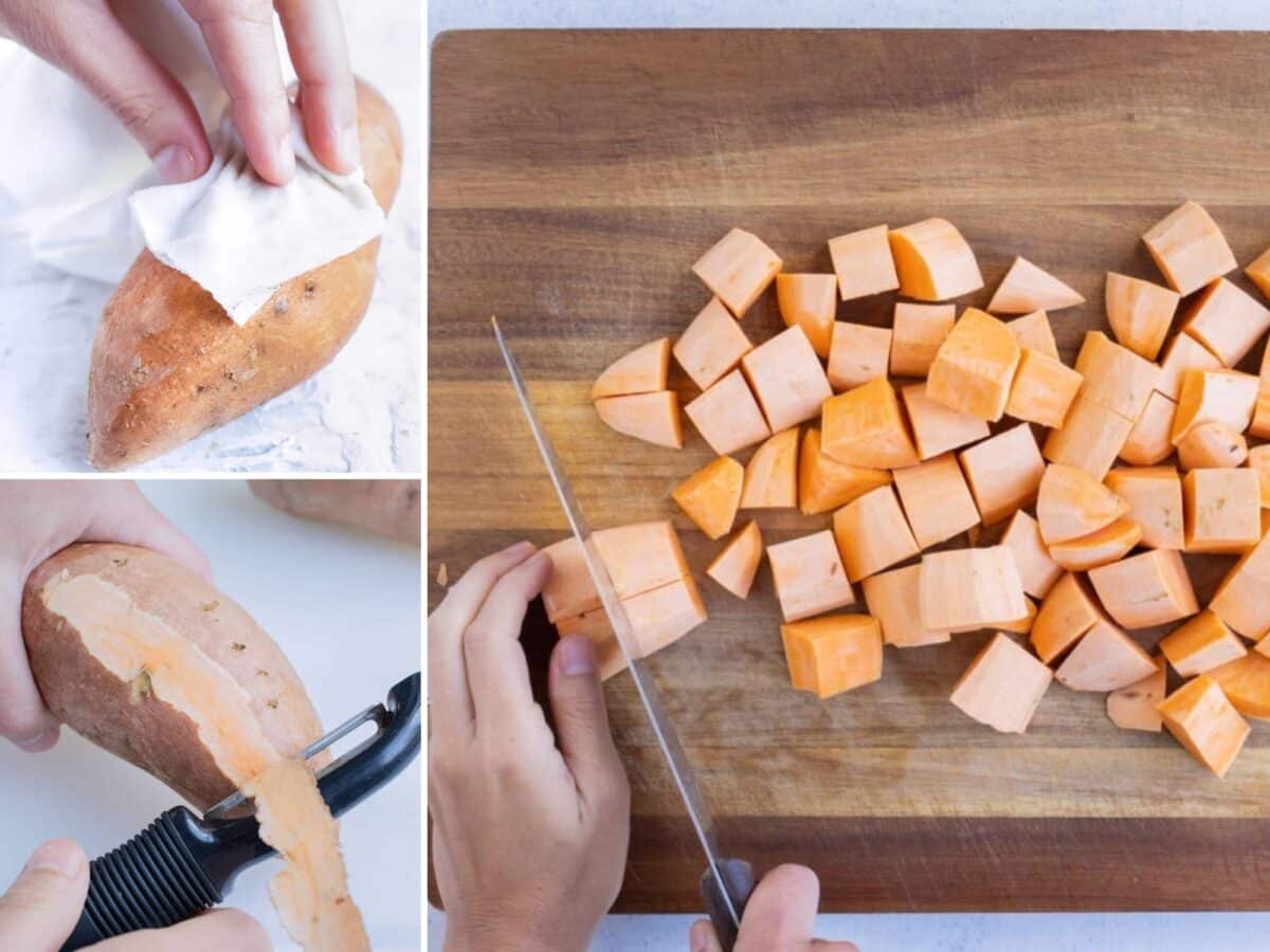 Whole sweet potatoes are shown being cleaned, peeled, and then cut into cubes before boiling.