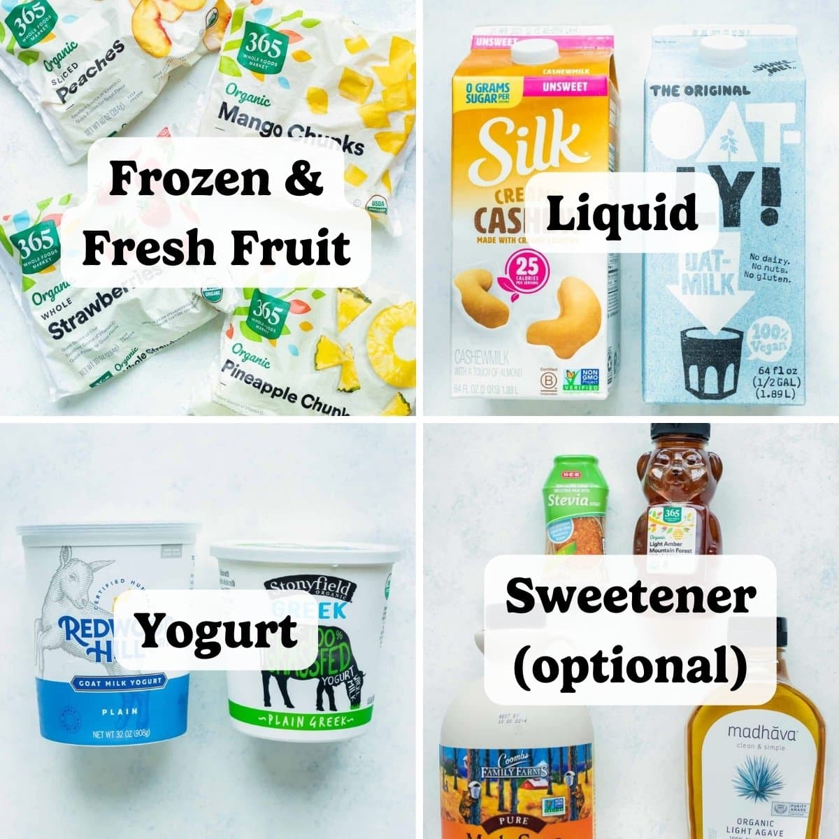 Frozen and fresh fruits, milks, liquid, yogurt, and sweetener are shown as the ingredients for a fruit smoothie recipe.