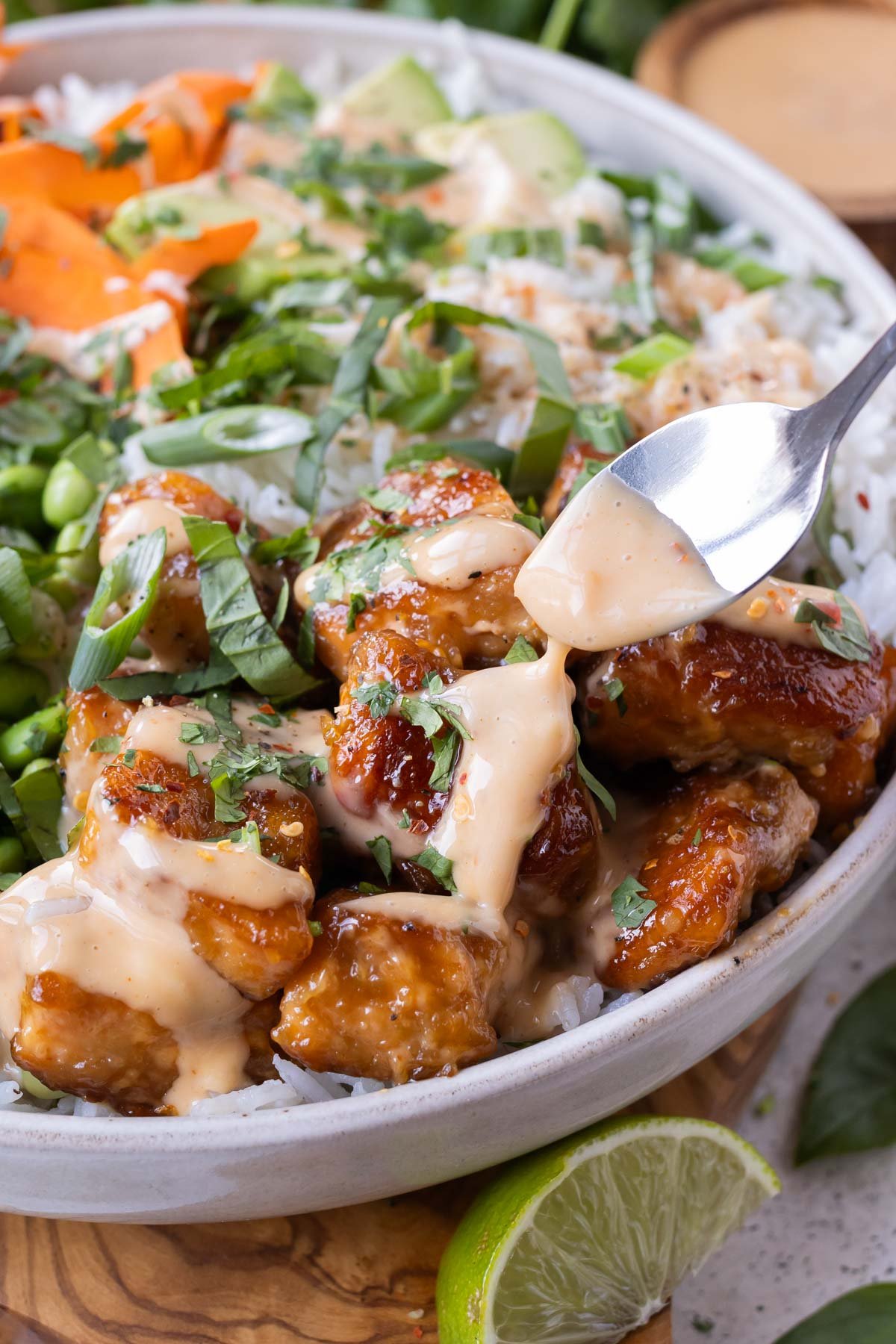 A spoon drizzles extra sauce over a piece of salmon in a rice bowl.