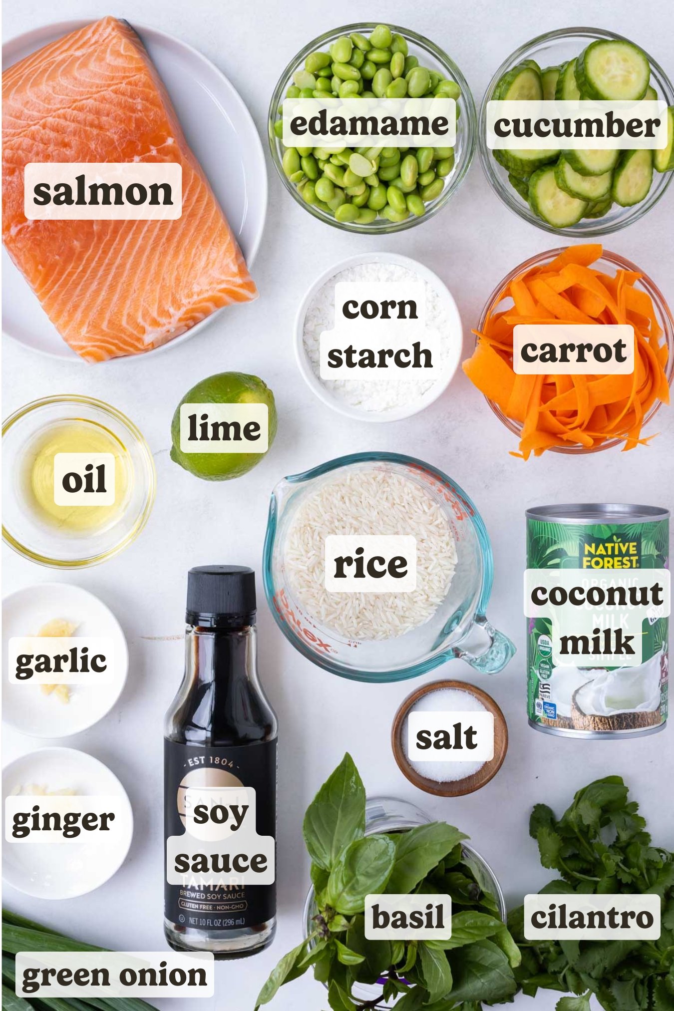 Salmon, rice, veggies, coconut milk, soy sauce, herbs, and seasonings are the main ingredients for this salmon rice bowl dish.