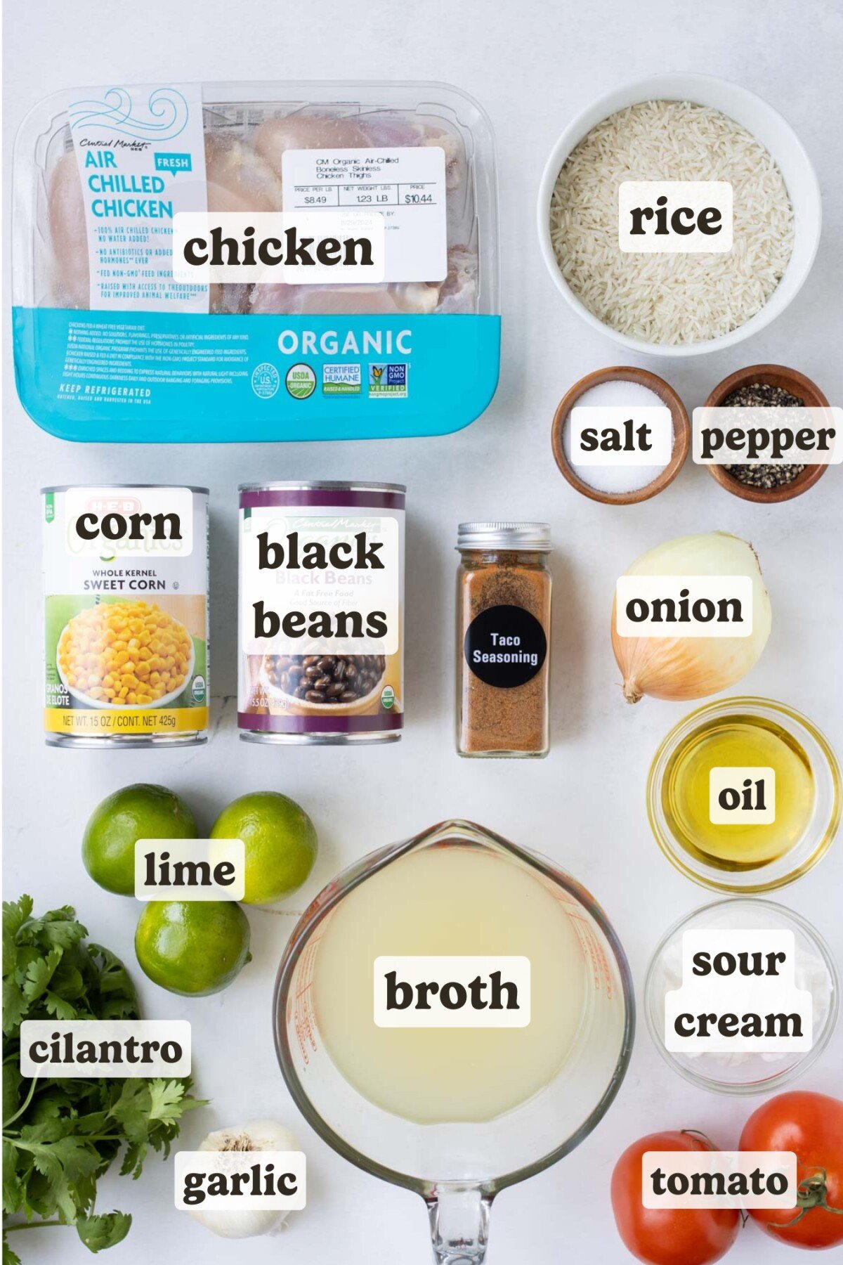 Chicken, rice, broth, cilantro, lime, corn, and beans are some of the main ingredients for this cilantro lime chicken and rice recipe.