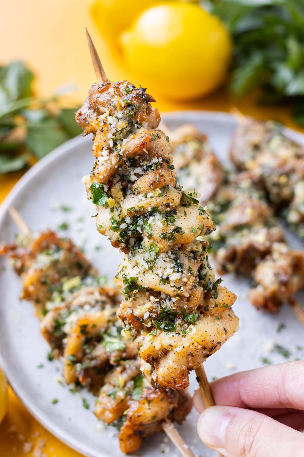 An air fryer chicken skewer with a garlic Parmesan butter is held up from the plate.