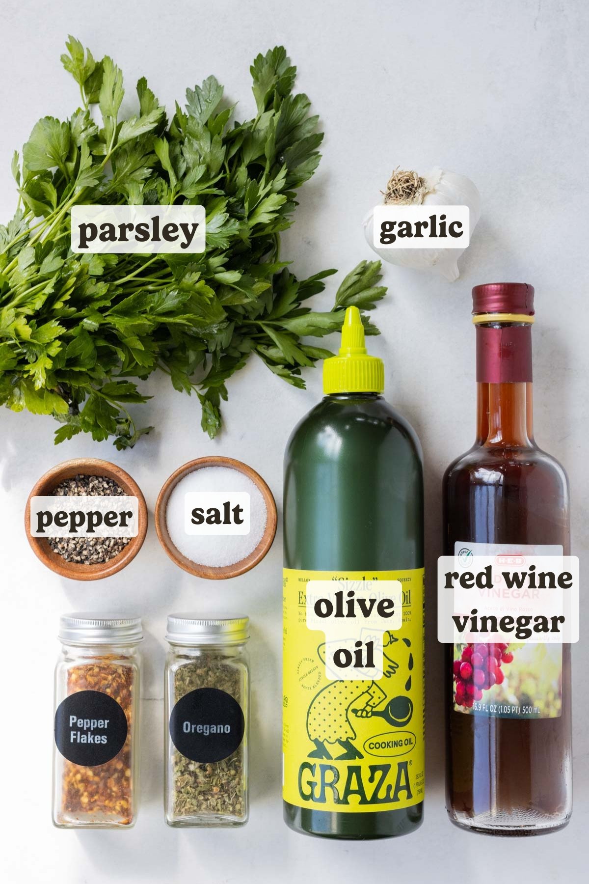Parsley, oil, red wine vinegar, garlic, and seasonings are the main ingredients for this chimichurri recipe.