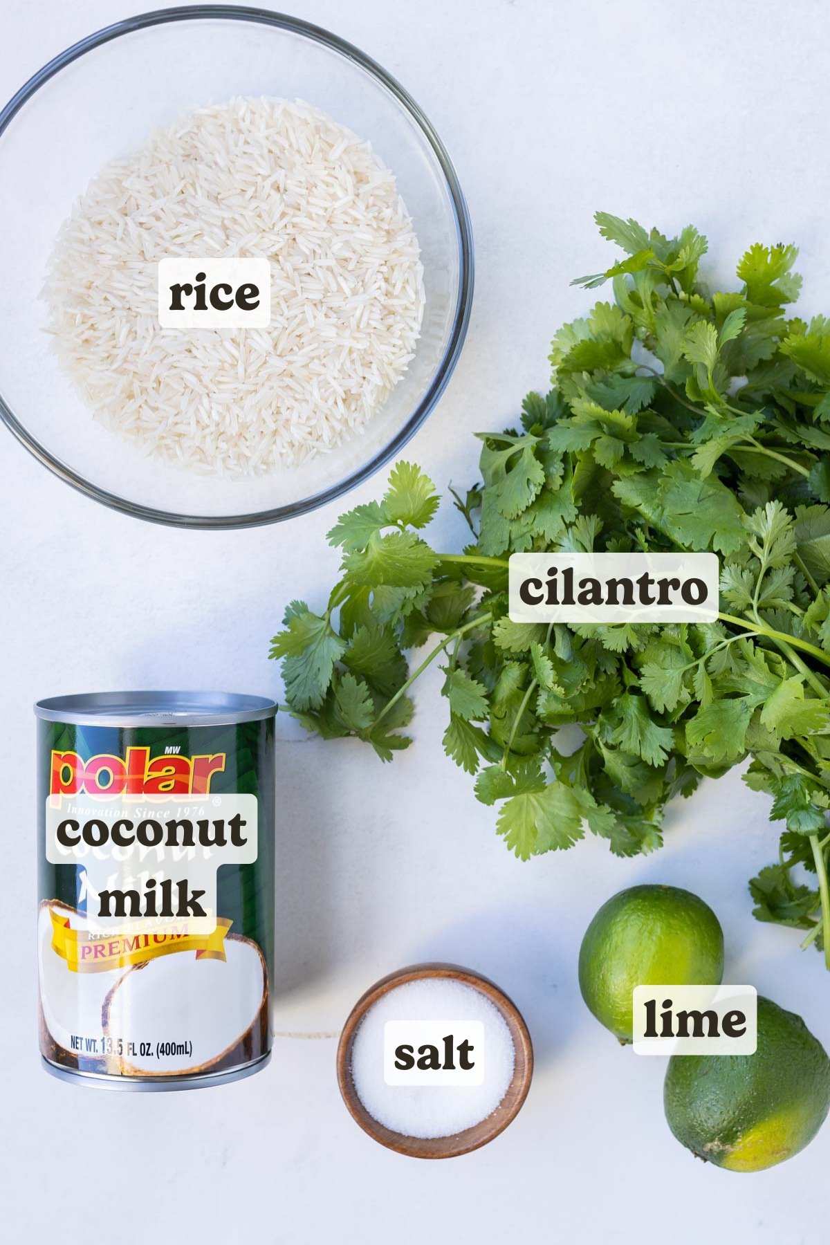 Rice, cilantro, coconut milk, lime, and salt are the ingredients for this coconut milk cilantro lime rice recipe.