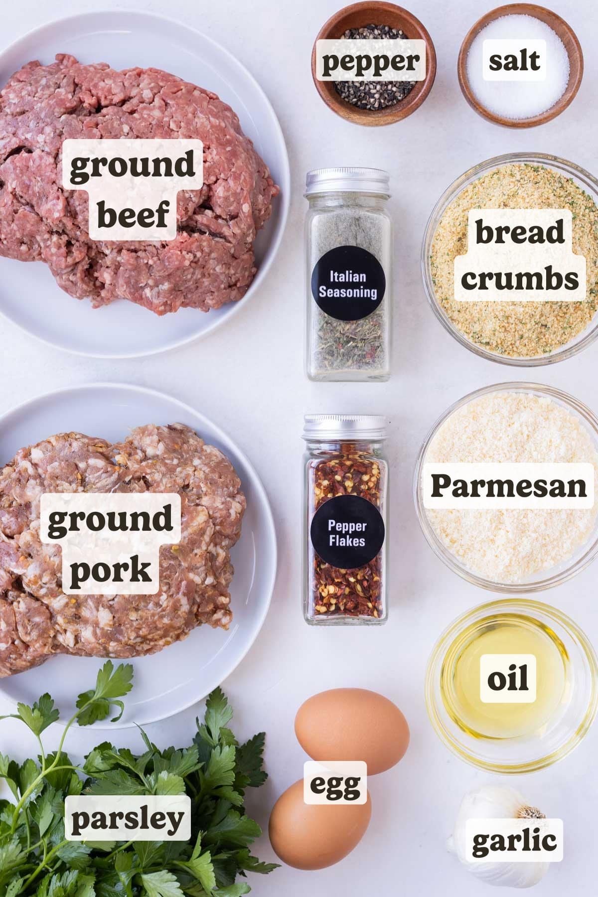 Ground beef, ground pork, parmesan, Italian seasoning, and bread crumbs are some of the main ingredients for these easy meatballs.