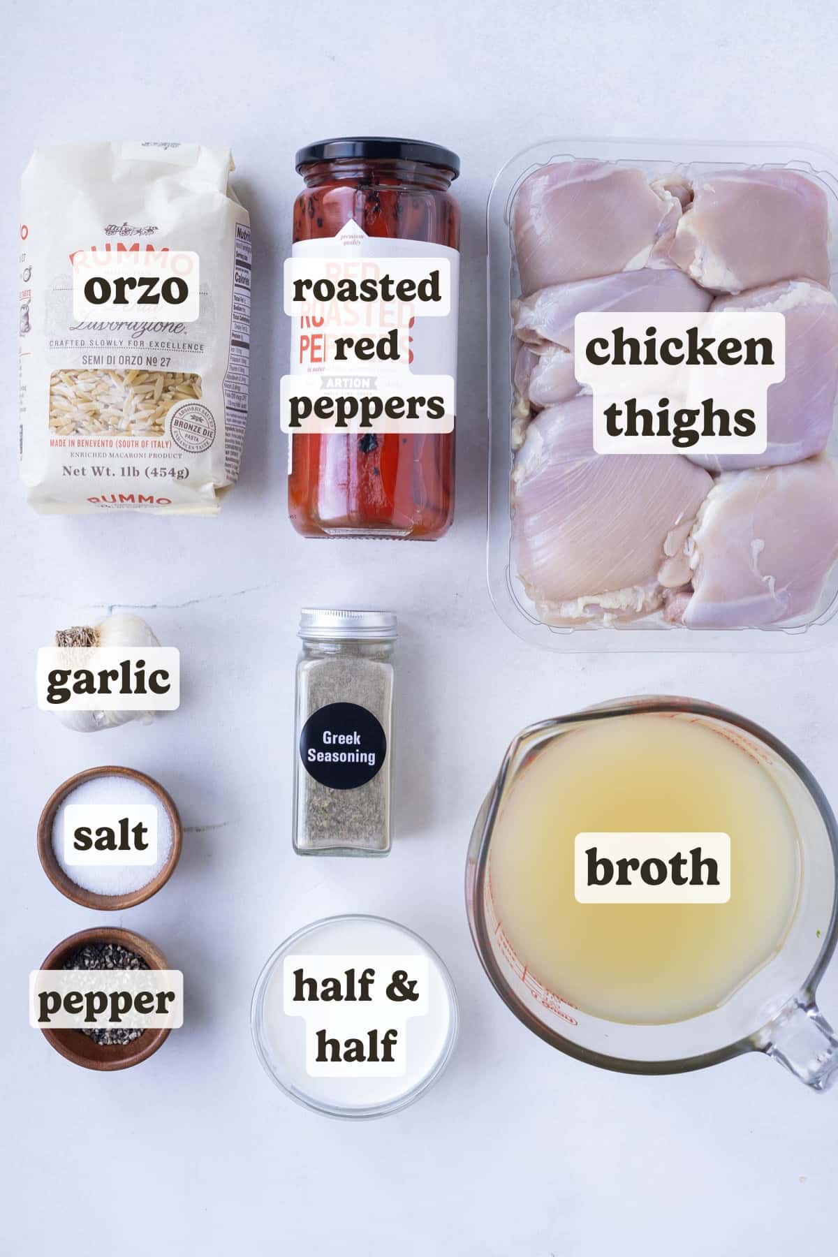 Chicken thighs, orzo, broth, roasted red peppers, and garlic are some of the main ingredients for this Greek Shawarma Orzo recipe.