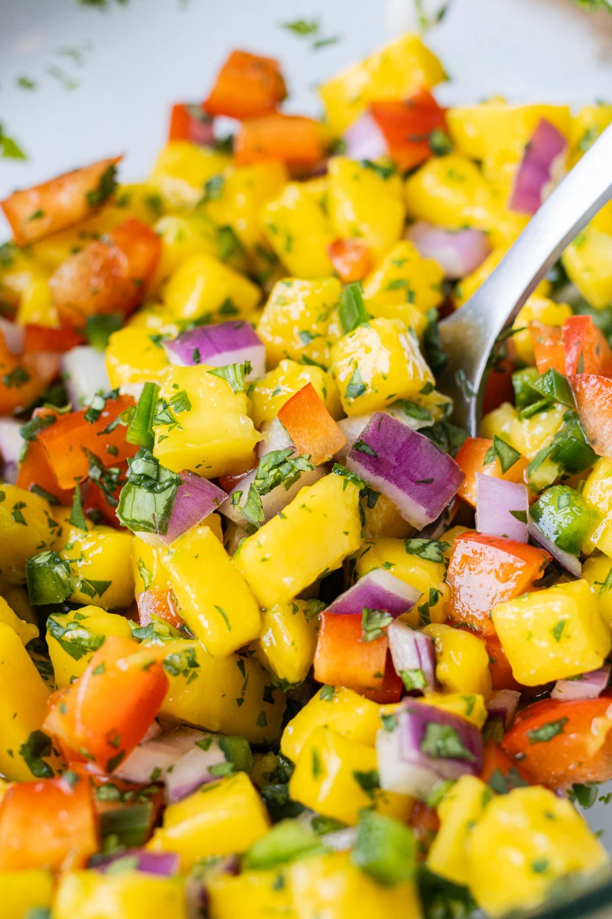 A spoon is scooping up a serving of a spicy mango salsa.