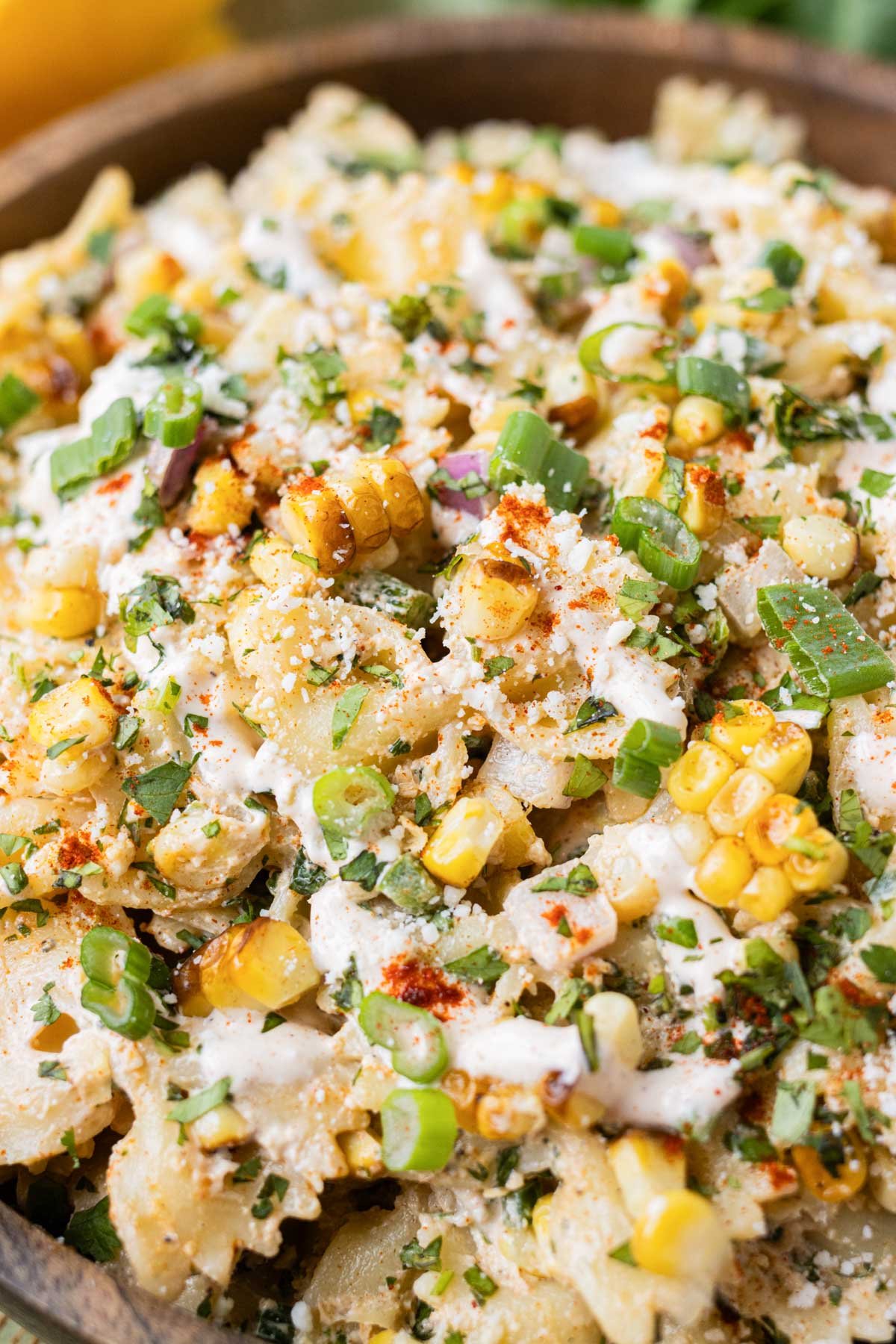 Farfalle pasta is loaded with a Mexican Street Corn Salad for a summer side dish recipe.