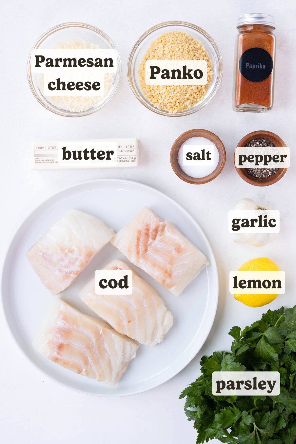 Cod, Panko, Parmesan cheese, parsley, lemon, and seasonings are the main ingredients for this parmesan crusted cod.