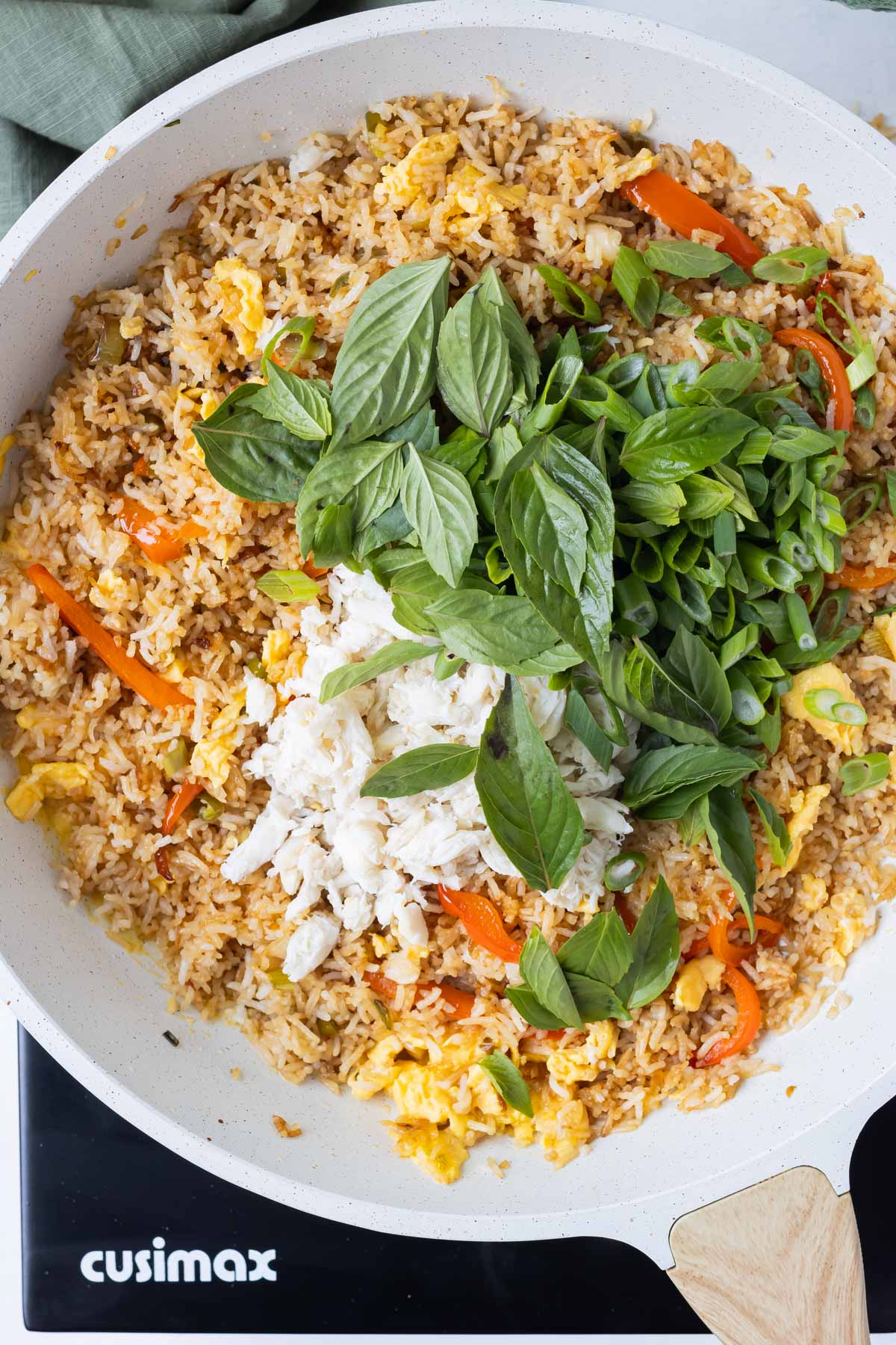 Crab and basil are added to the Thai fried rice.