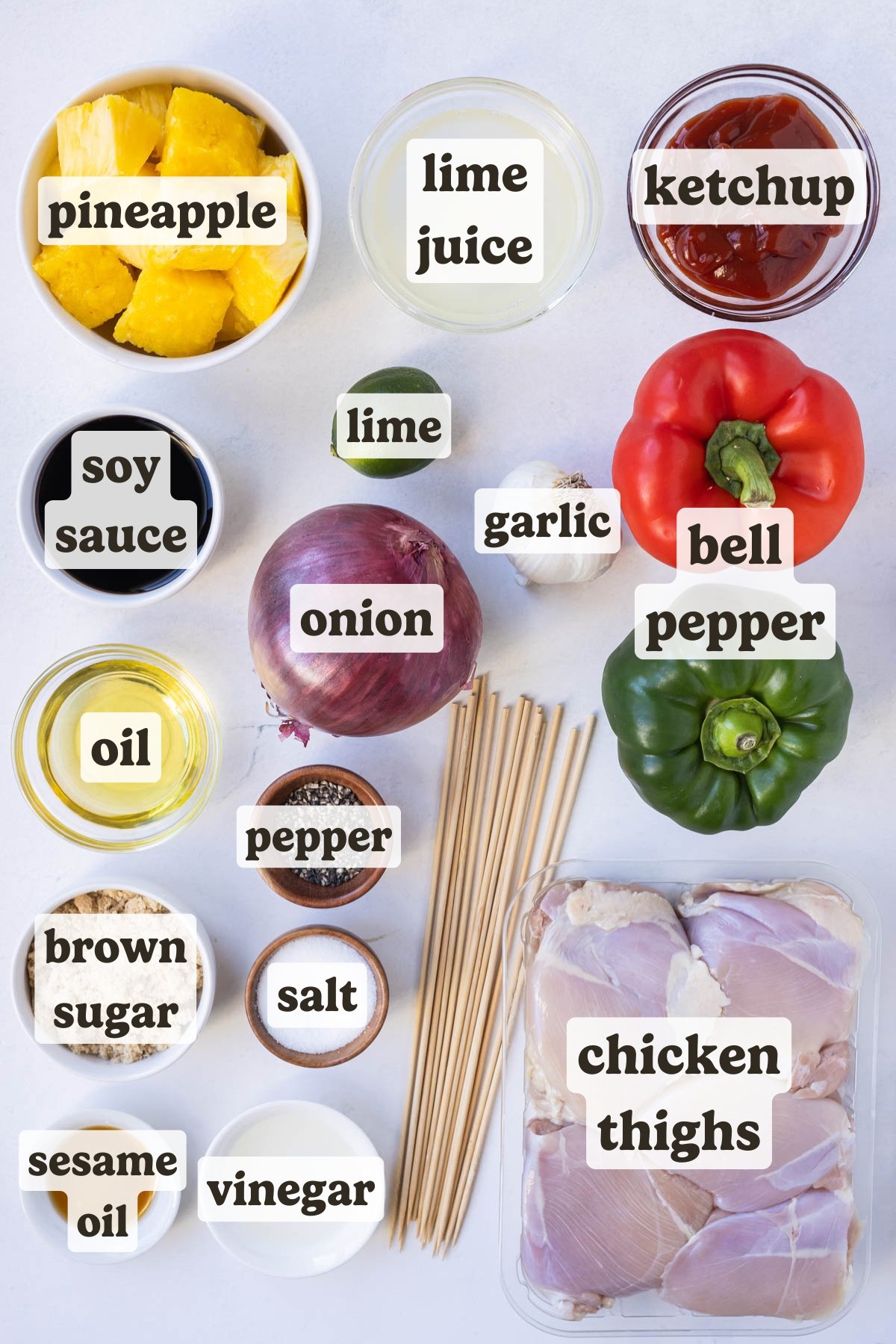Chicken thighs, bell pepper, onion, pineapple, soy sauce, sesame oil, and ketchup are some of the main ingredients for these Hawaiian chicken kebabs.