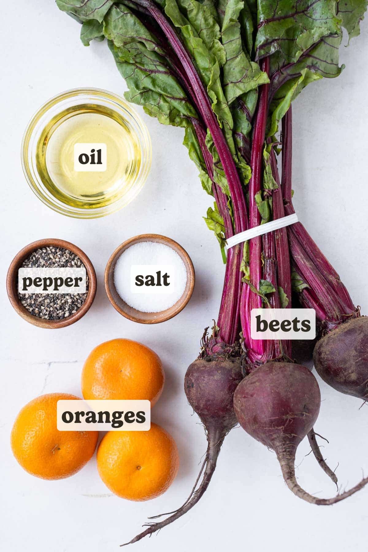 Beets, oranges, salt, pepper, and oil are some of the ingredients for this roasted beets and whipped goat cheese recipe.