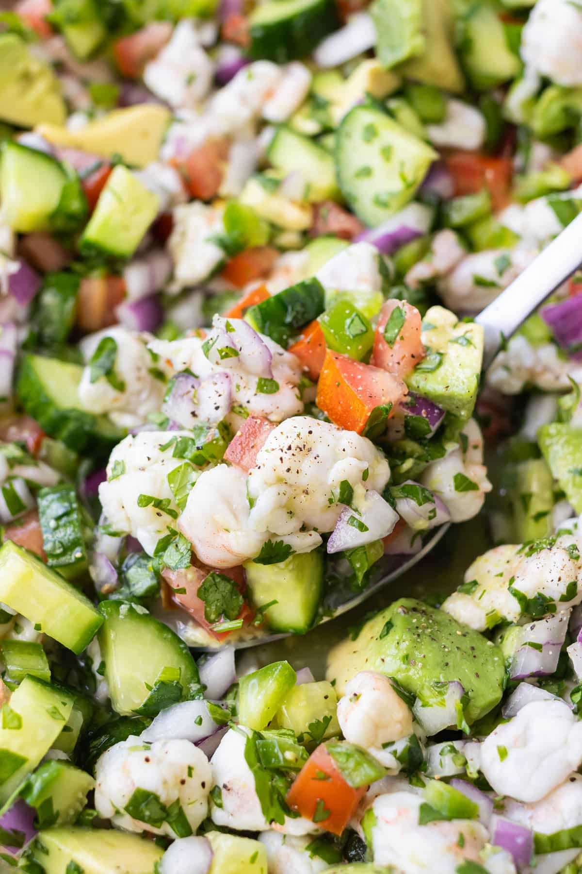 A spoon is scooping up some shrimp ceviche with avocado from a bowl.