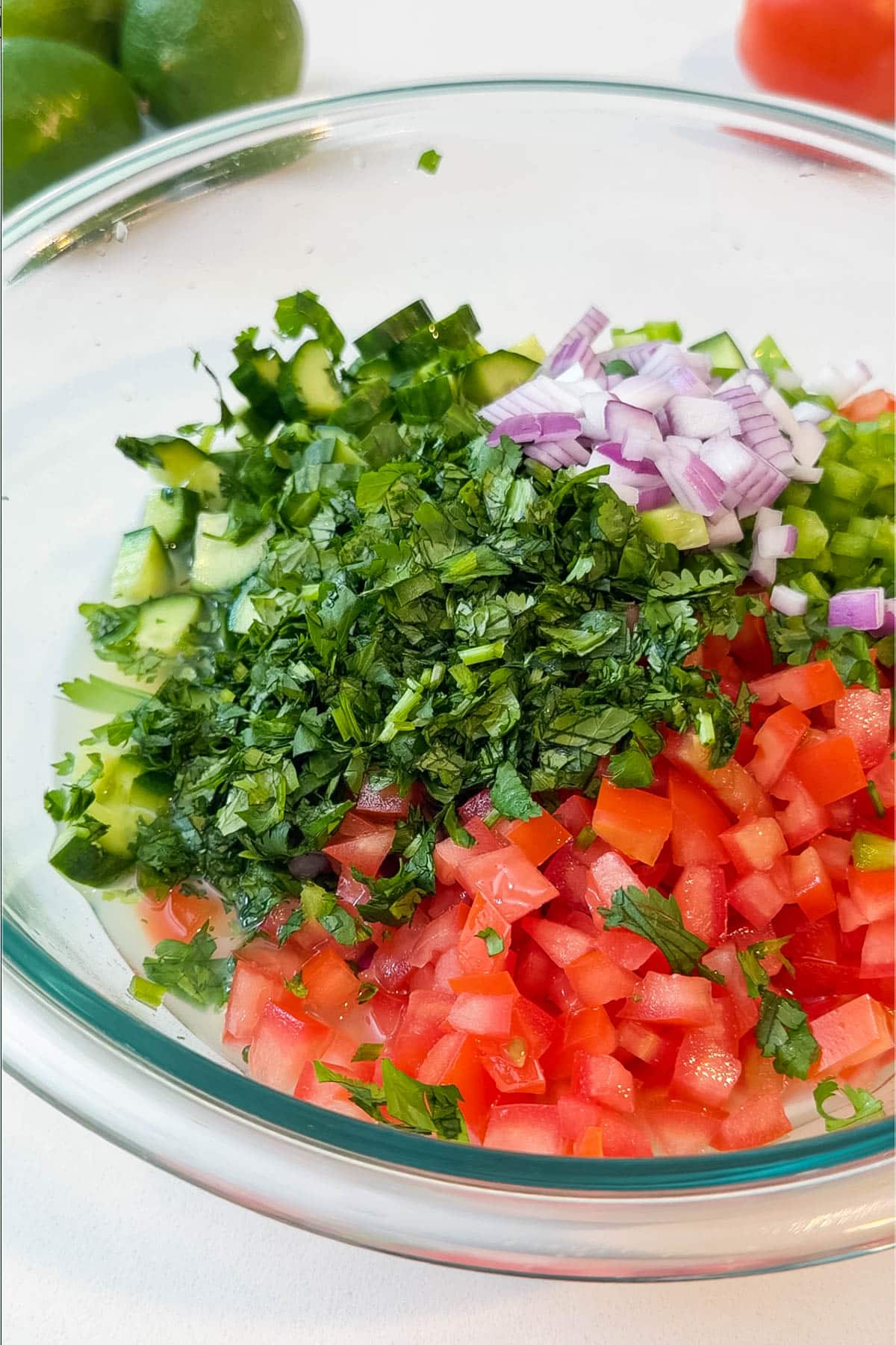 Tomatoes, cilantro, cucumber, red onion and jalapenos are added to a bowl full of shrimp ceviche.