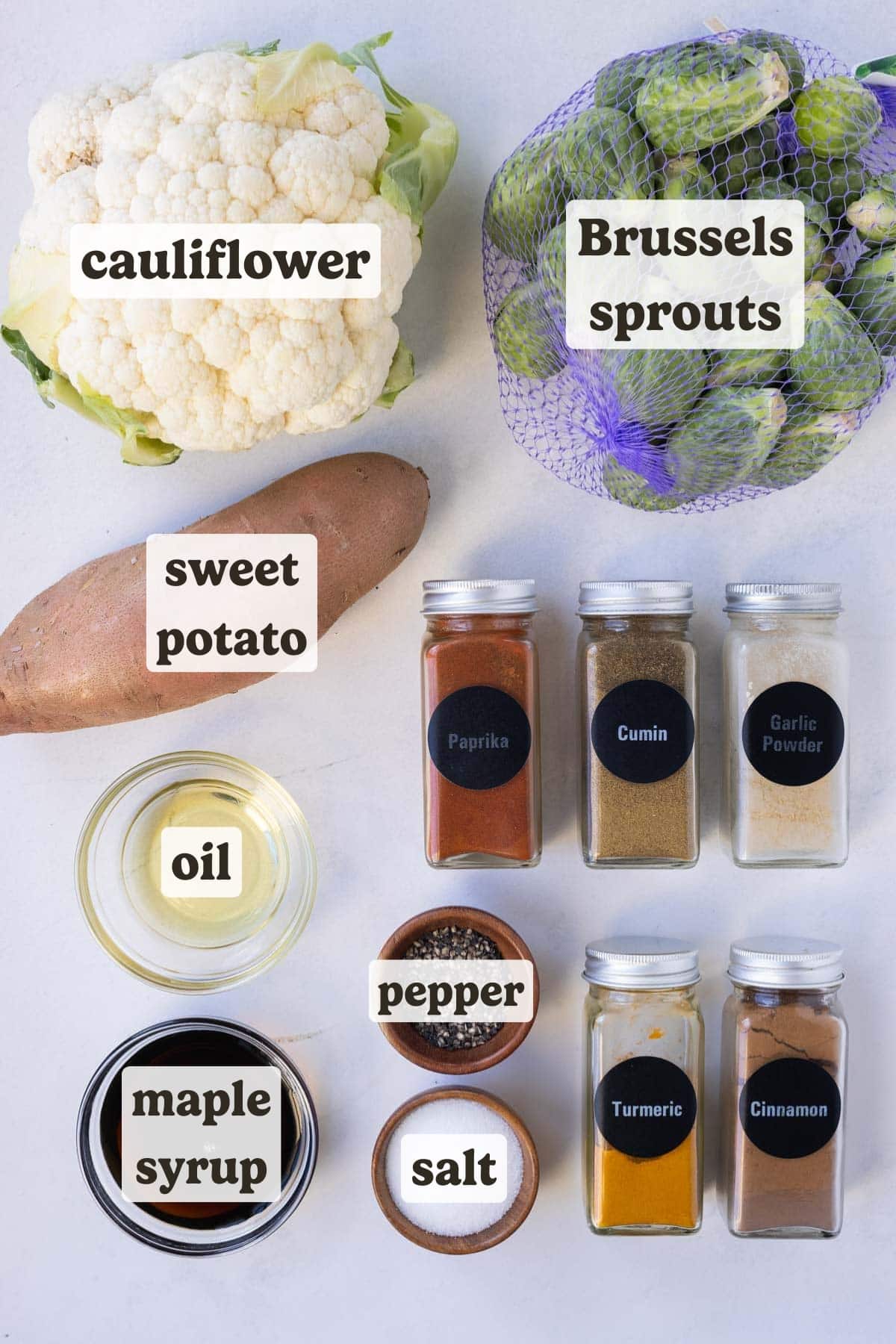 Cauliflower, Brussels sprouts, sweet potato, and seasonings are some of the main ingredients for this warm fall quinoa salad recipe.