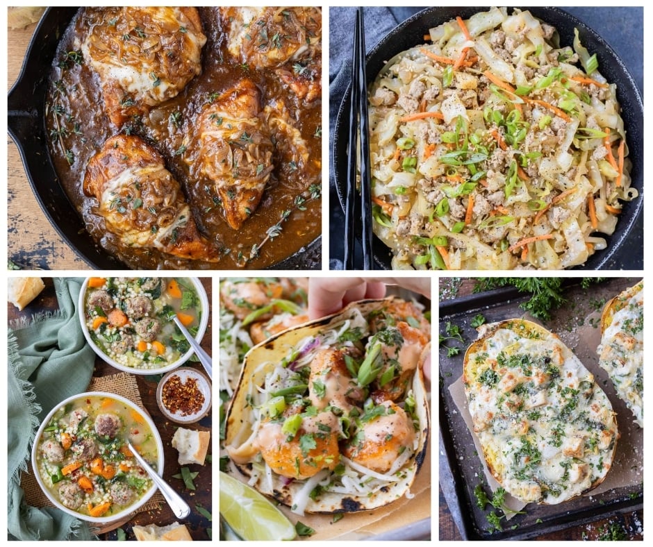 A collage of the top 10 favorite family weeknight dinner recipes on the Evolving Table website.