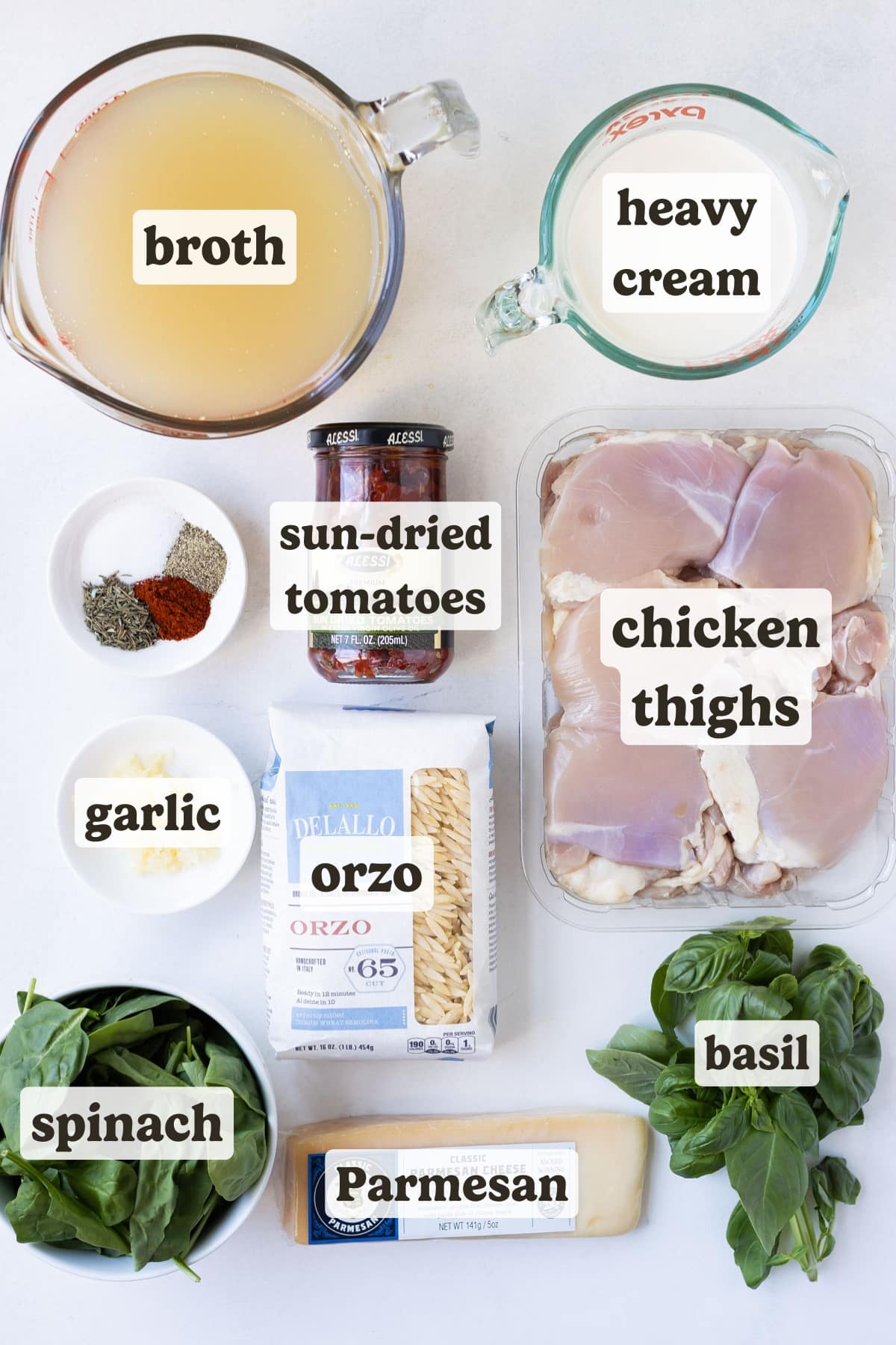 Chicken thighs, broth, cream, spinach, basil, and orzo are the main ingredients for this Marry Me chicken orzo dish.